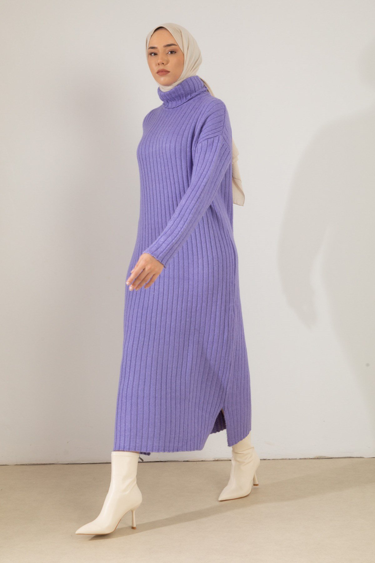 Oversize Boğazlı Fitilli Lila Triko Elbise