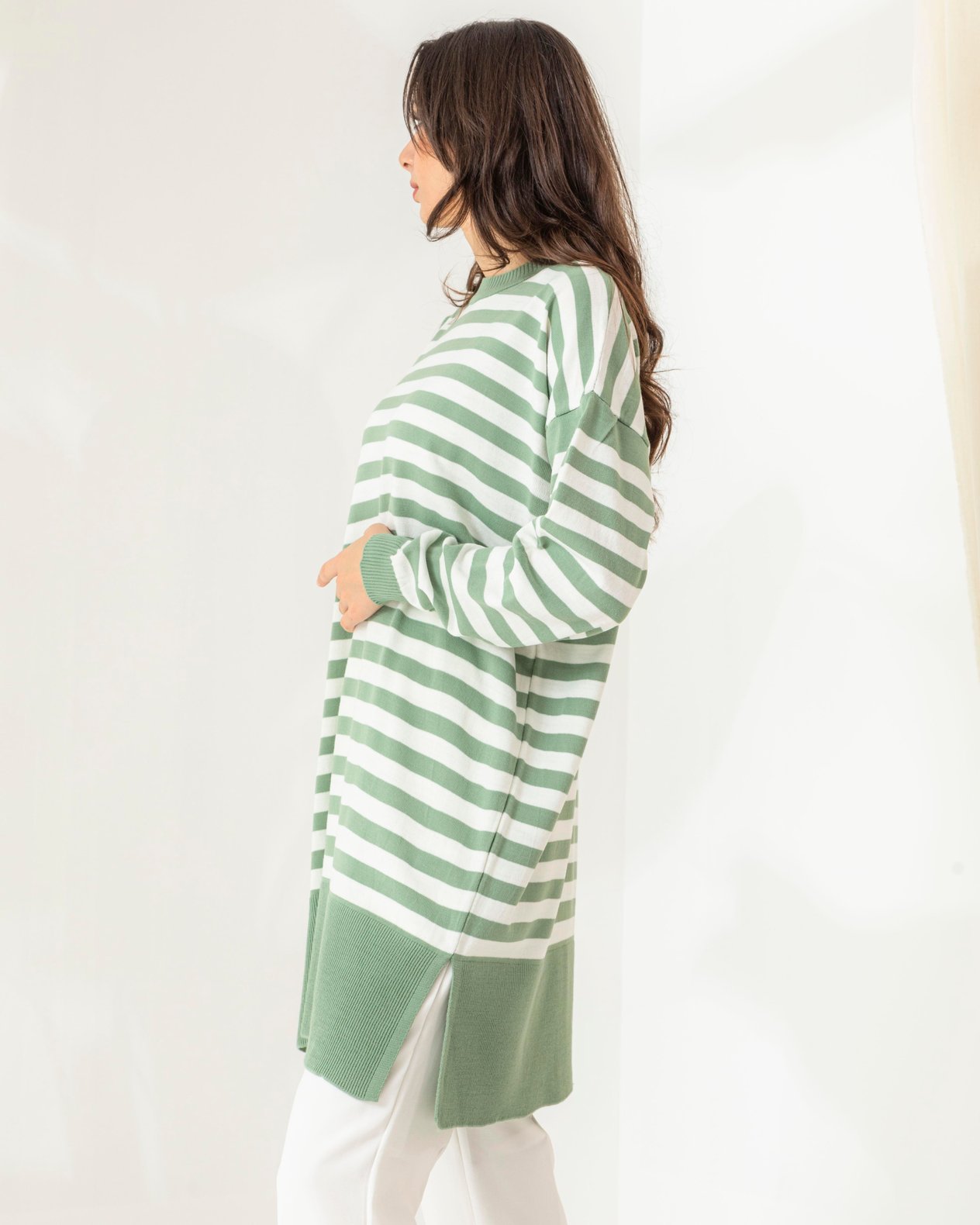 Oversize Çizgili Mint Yeşili Triko Tunik
