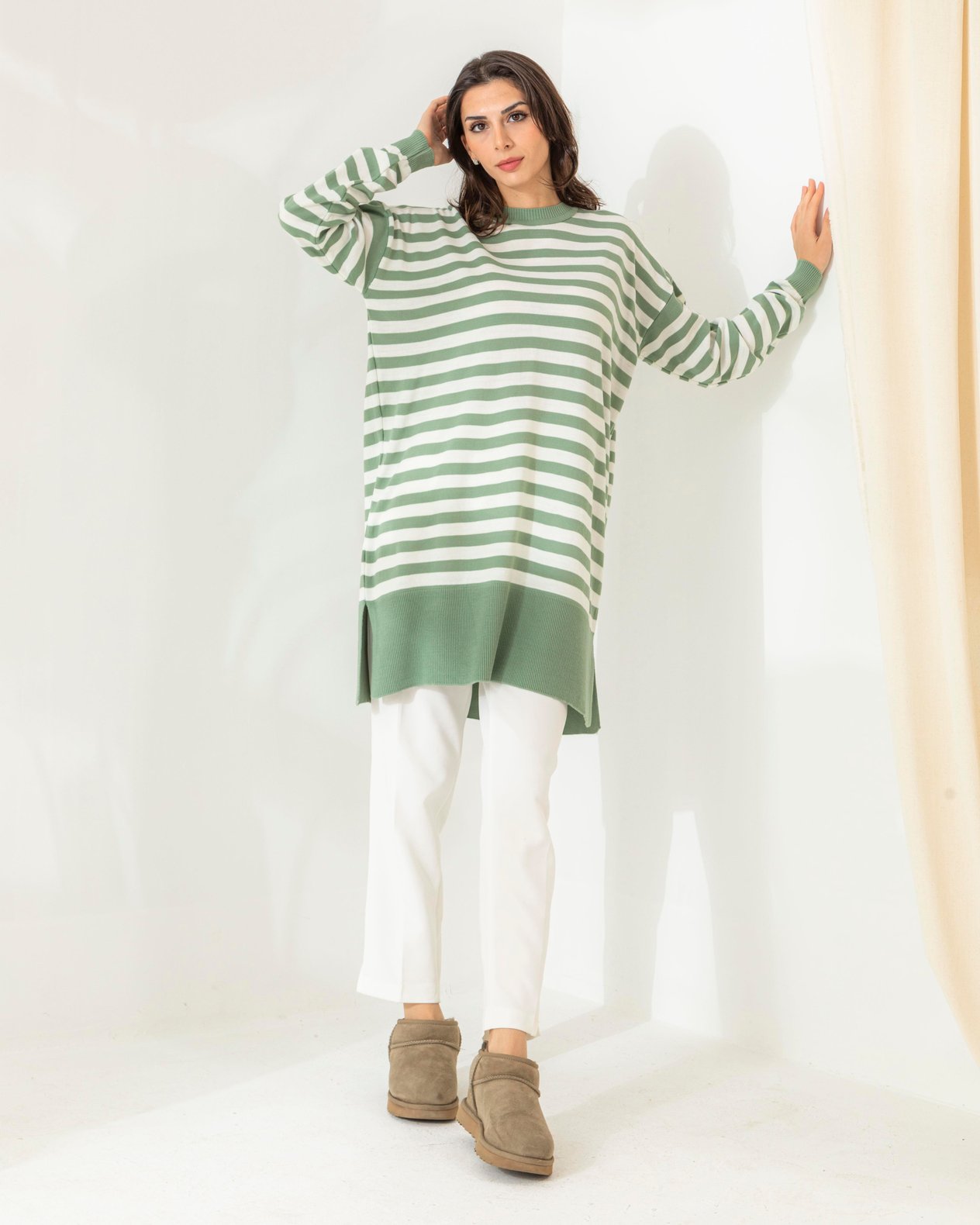 Oversize Çizgili Mint Yeşili Triko Tunik