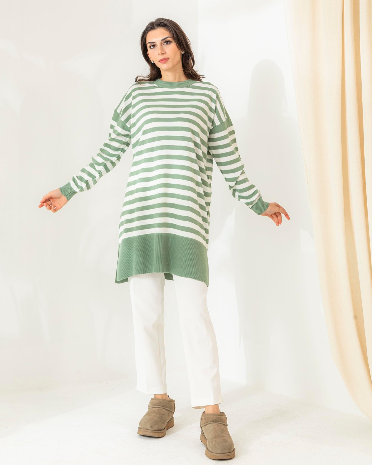 Oversize Çizgili Mint Yeşili Triko Tunik