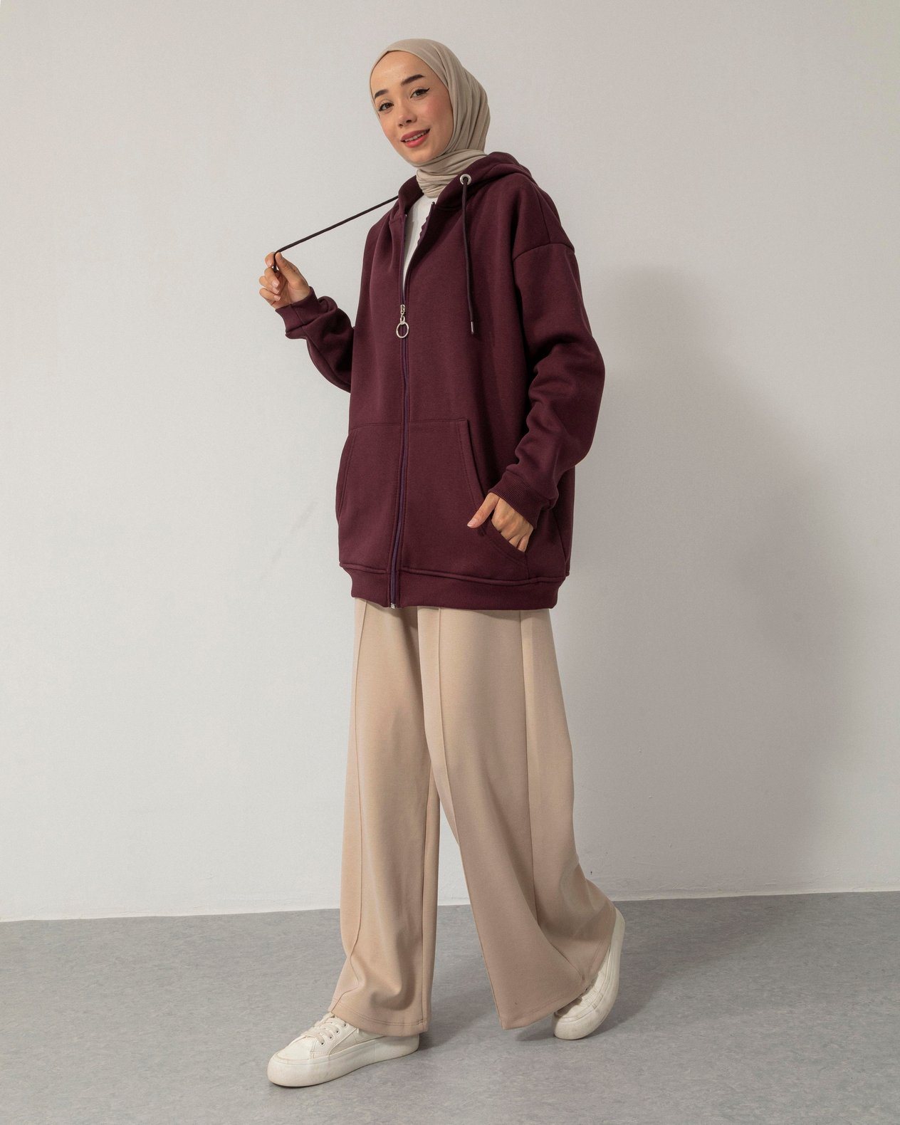 Oversize Fermuarlı Kapşonlu Bordo Sweat