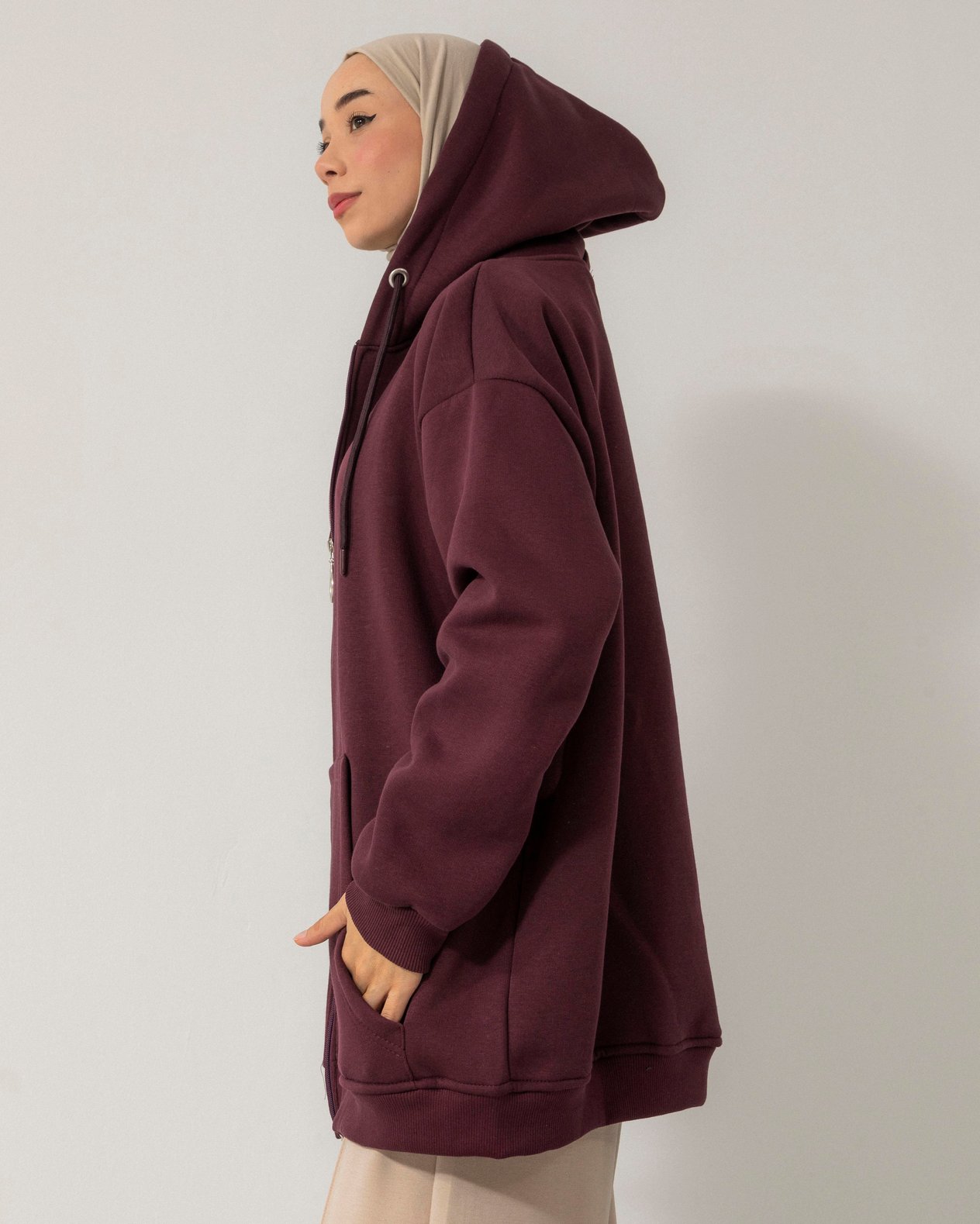 Oversize Fermuarlı Kapşonlu Bordo Sweat