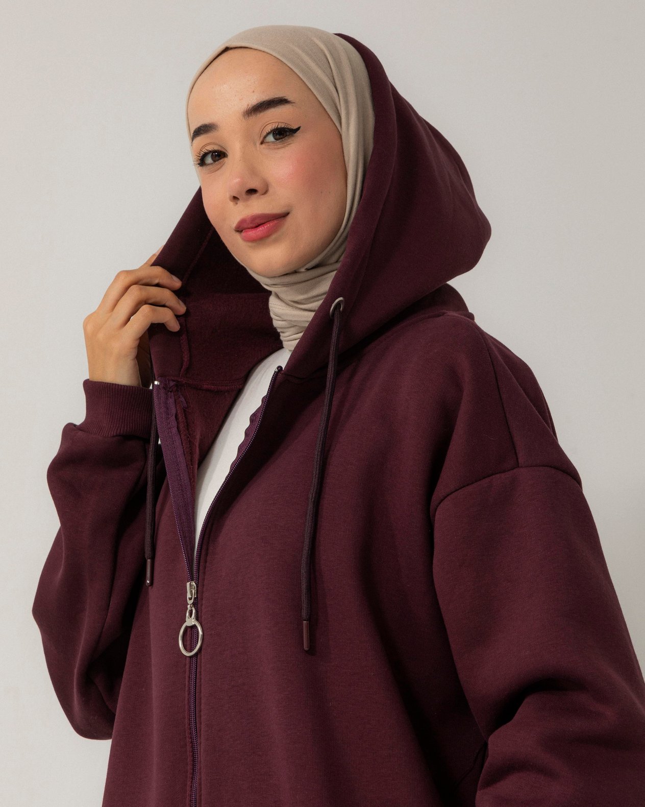 Oversize Fermuarlı Kapşonlu Bordo Sweat