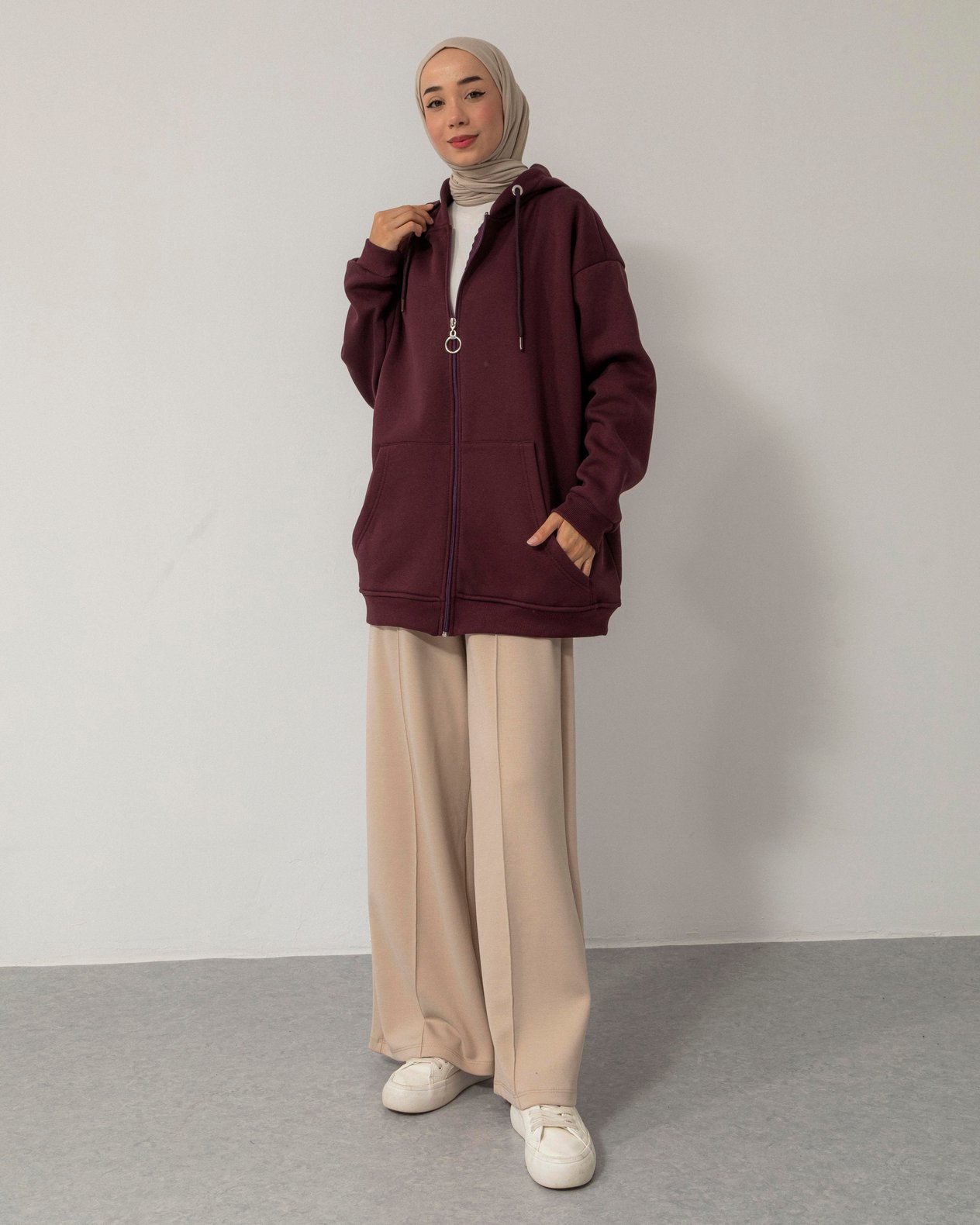 Oversize Fermuarlı Kapşonlu Bordo Sweat