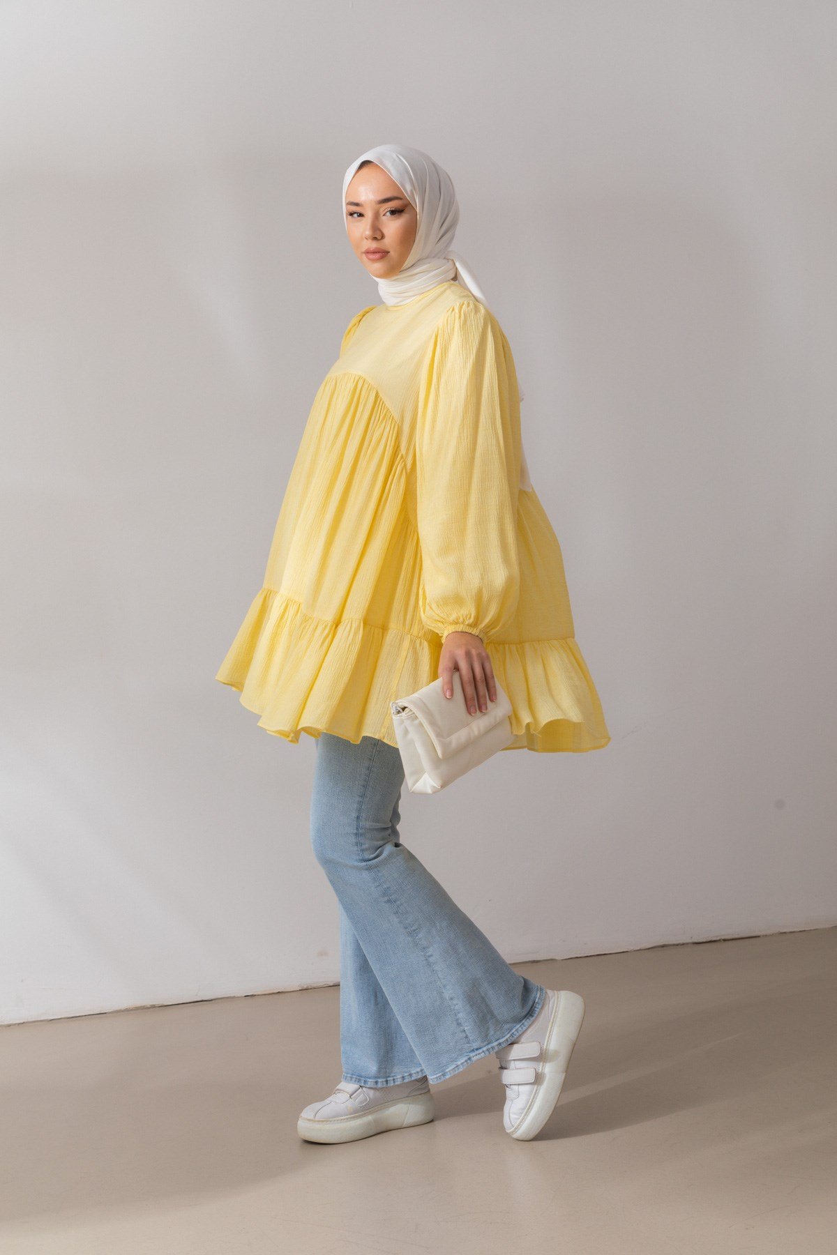 Oversize Fırfır Detaylı Sarı Tunik