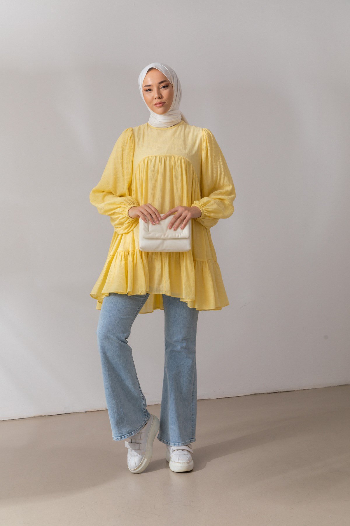 Oversize Fırfır Detaylı Sarı Tunik