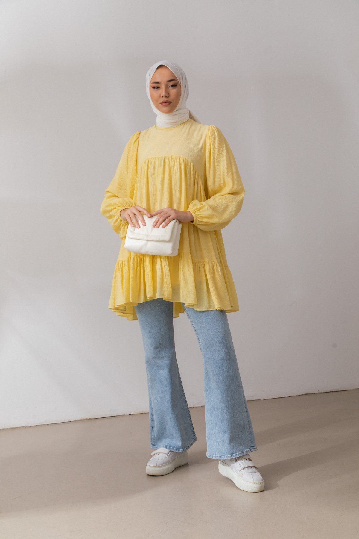 Oversize Fırfır Detaylı Sarı Tunik