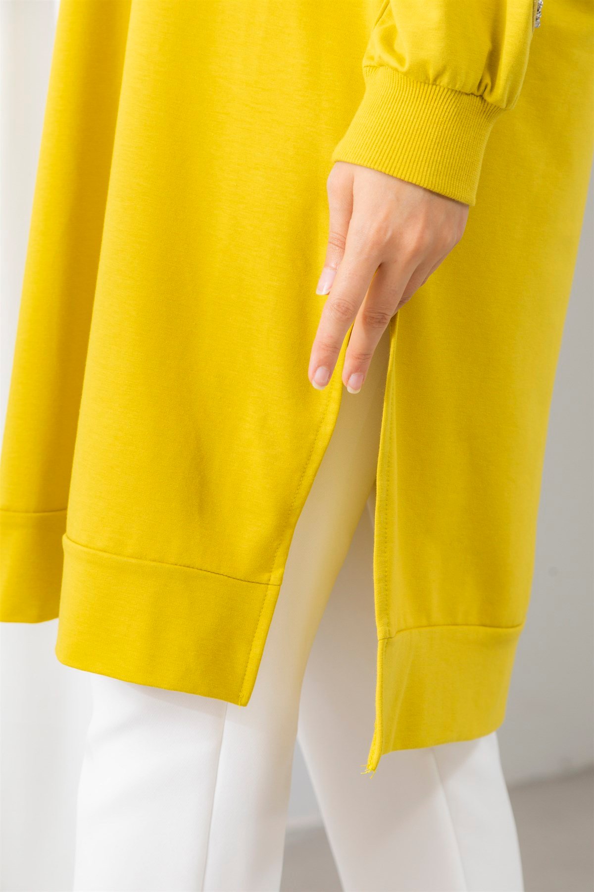 Oversize Kalp Nakışlı Yağ Yeşili Tunik