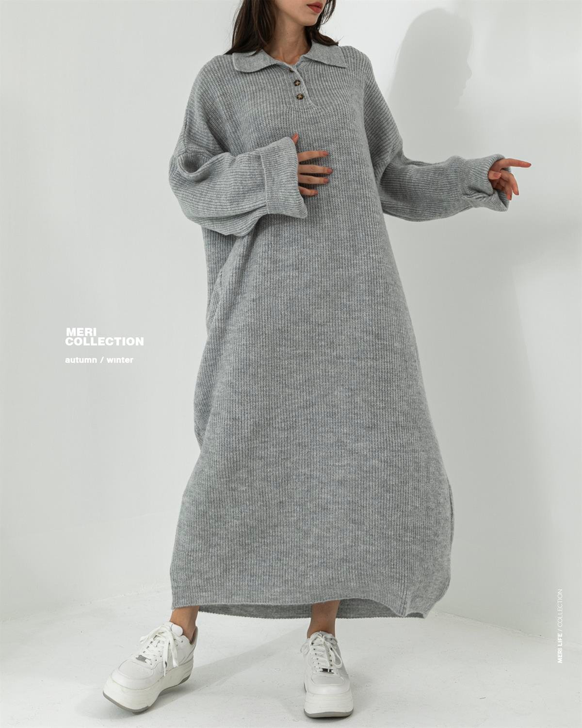 Oversize Polo Yaka Gri Triko Elbise