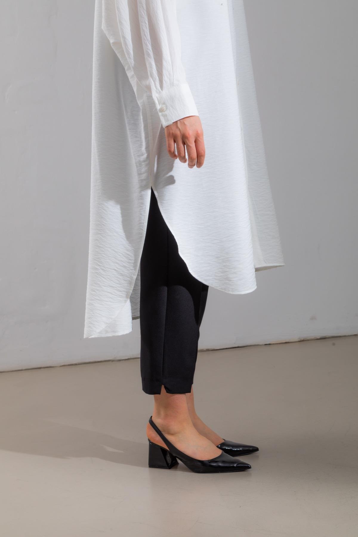 Oversize Taş İşlemeli Beyaz Uzun Tunik