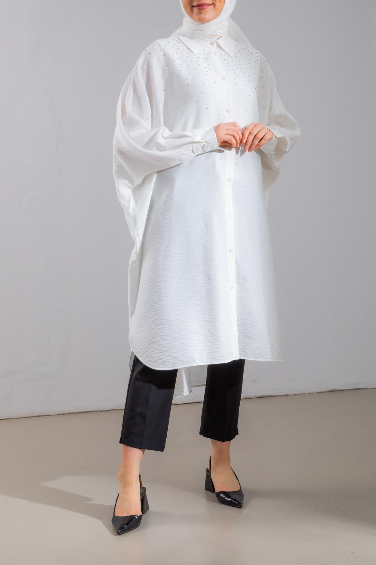 Oversize Taş İşlemeli Beyaz Uzun Tunik