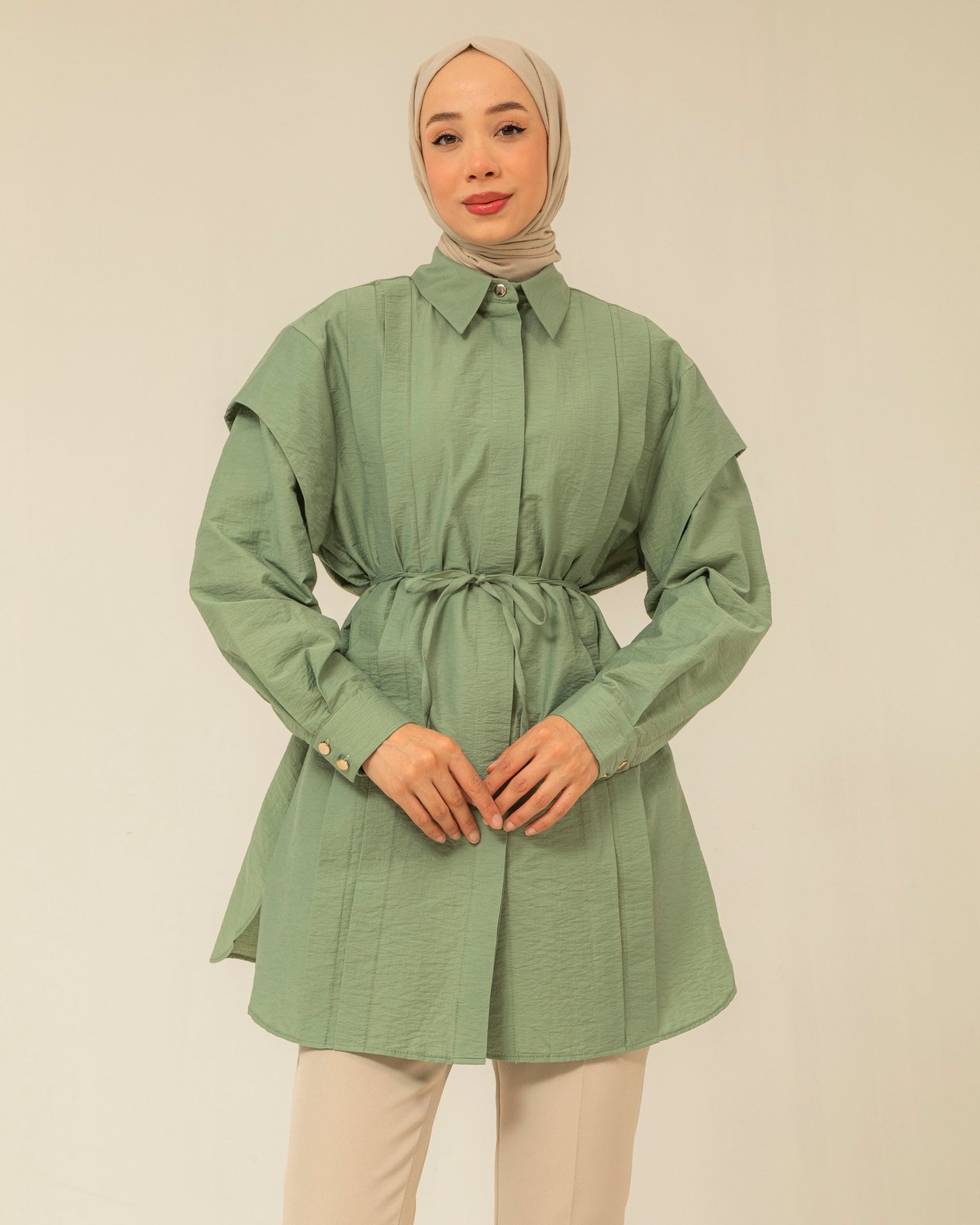 Pile Detaylı Mint Yeşili Tunik
