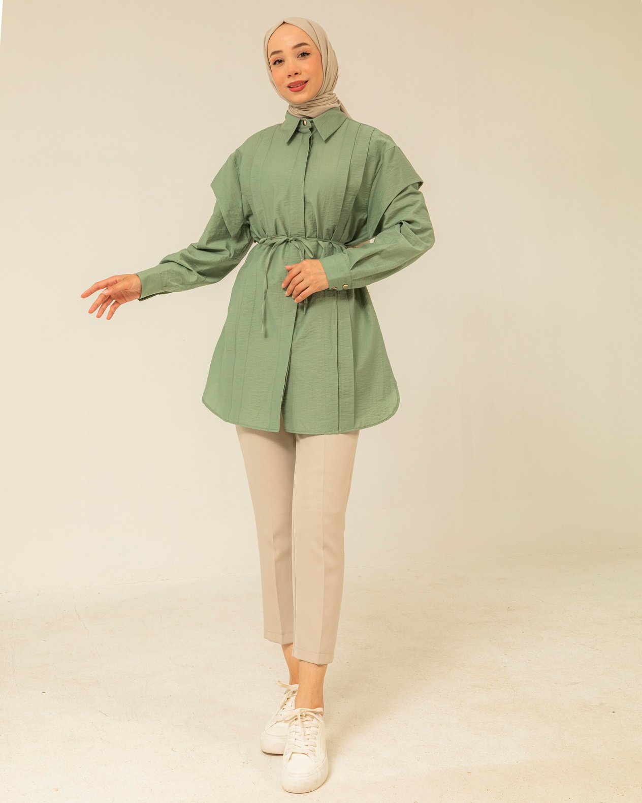 Pile Detaylı Mint Yeşili Tunik