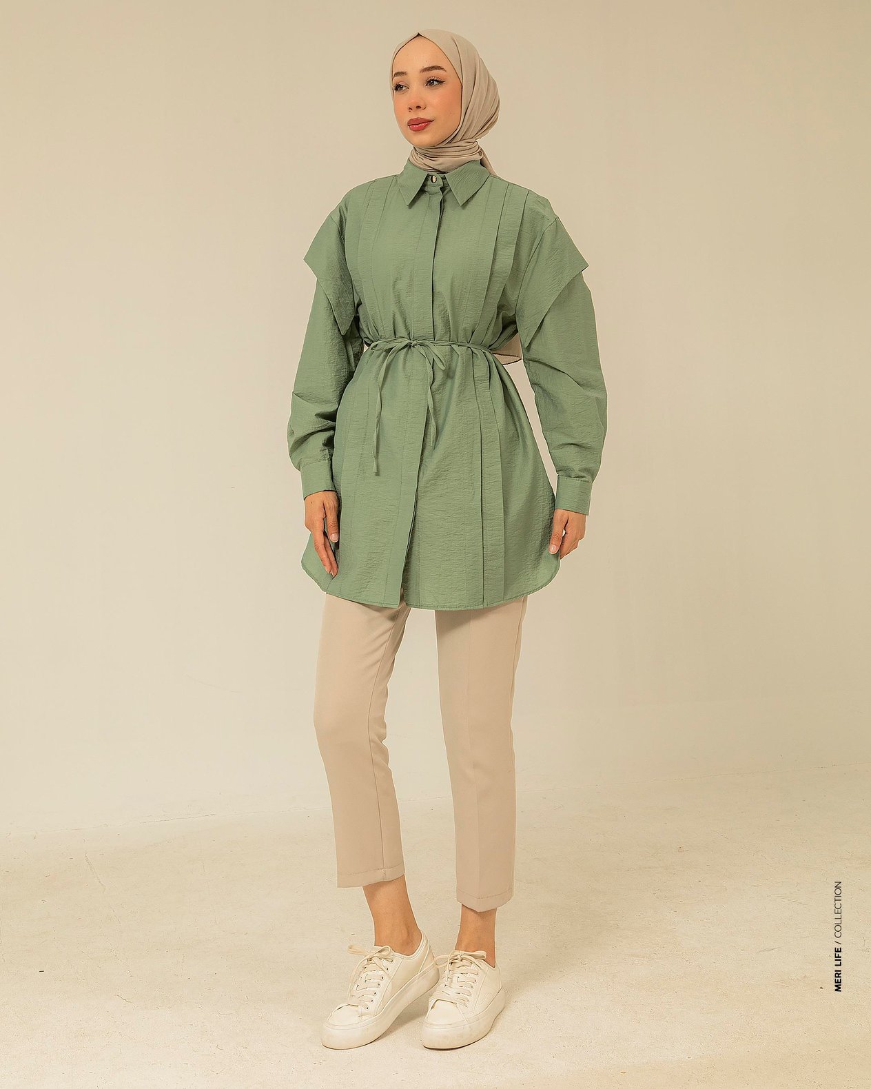 Pile Detaylı Mint Yeşili Tunik