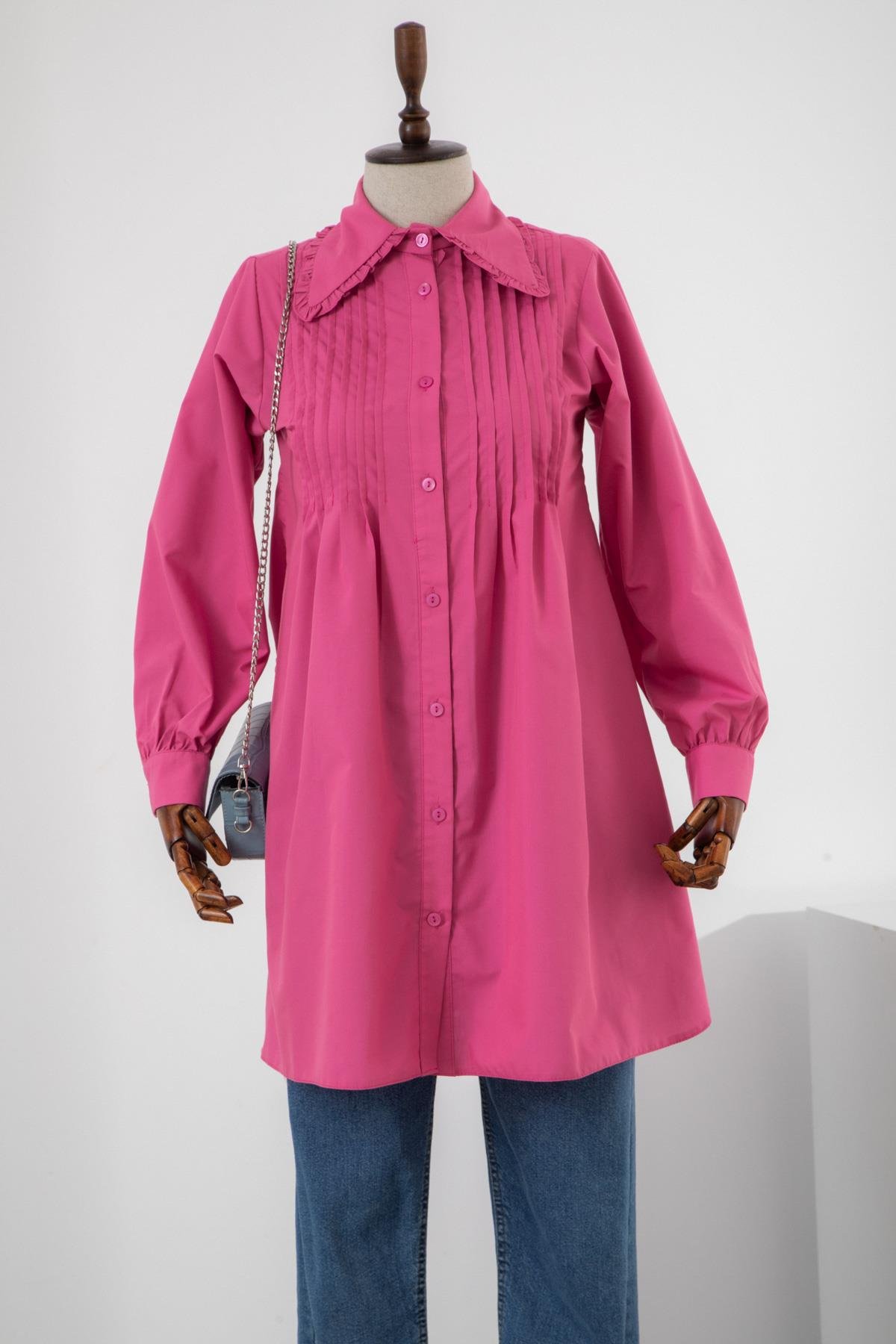 Pile Detaylı Pembe Tunik