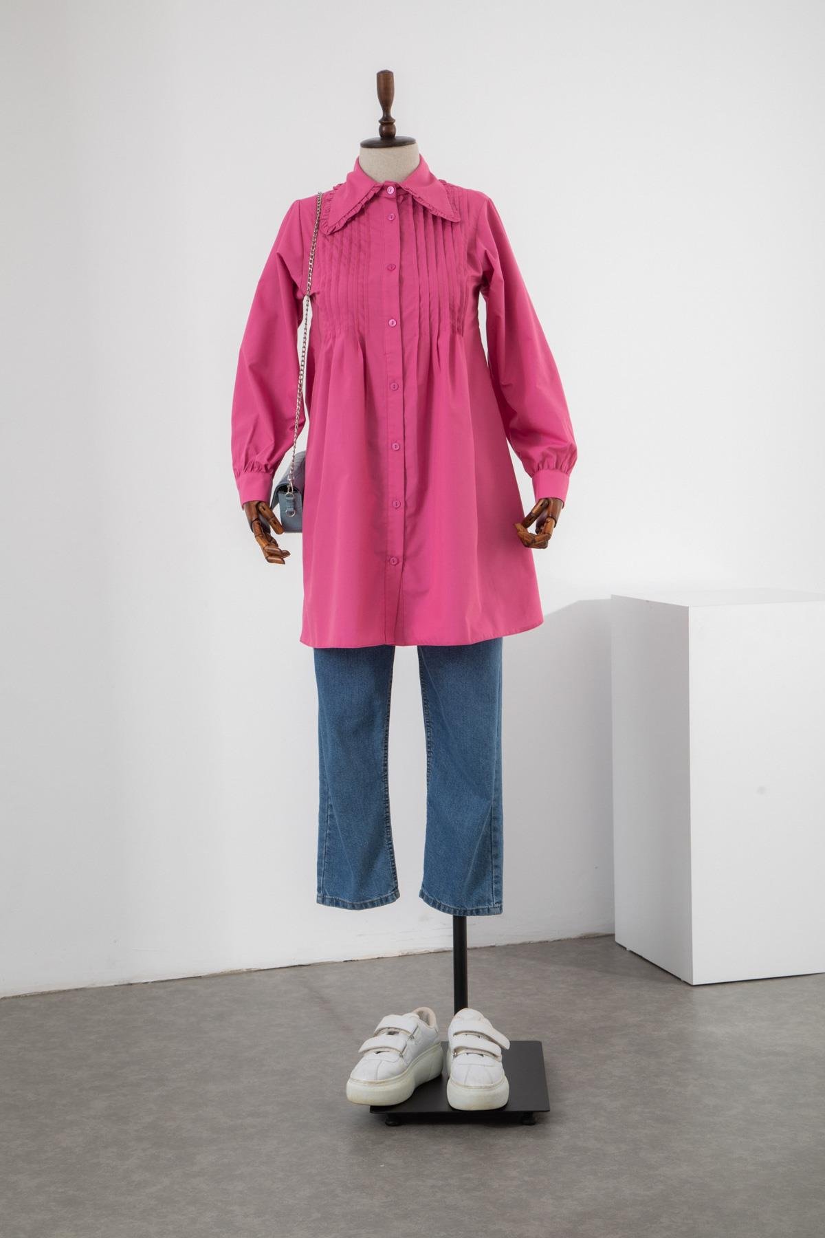 Pile Detaylı Pembe Tunik