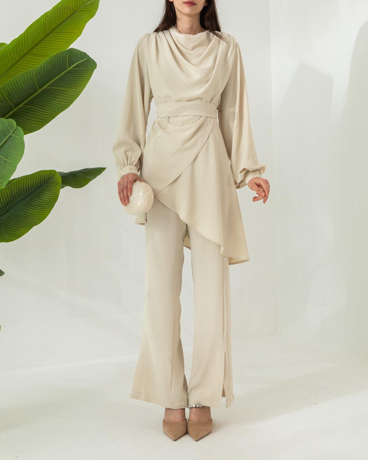 Tunik Pantolon Krem Krep Takım