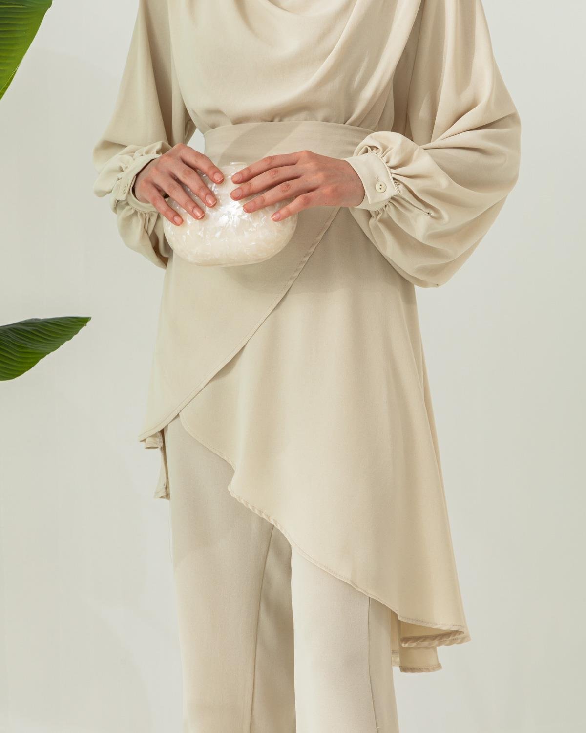 Tunik Pantolon Krem Krep Takım