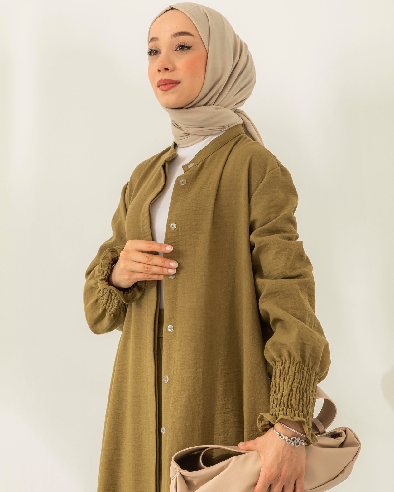Uzun Yırtmaçlı Tunik Pantolon Haki Takım