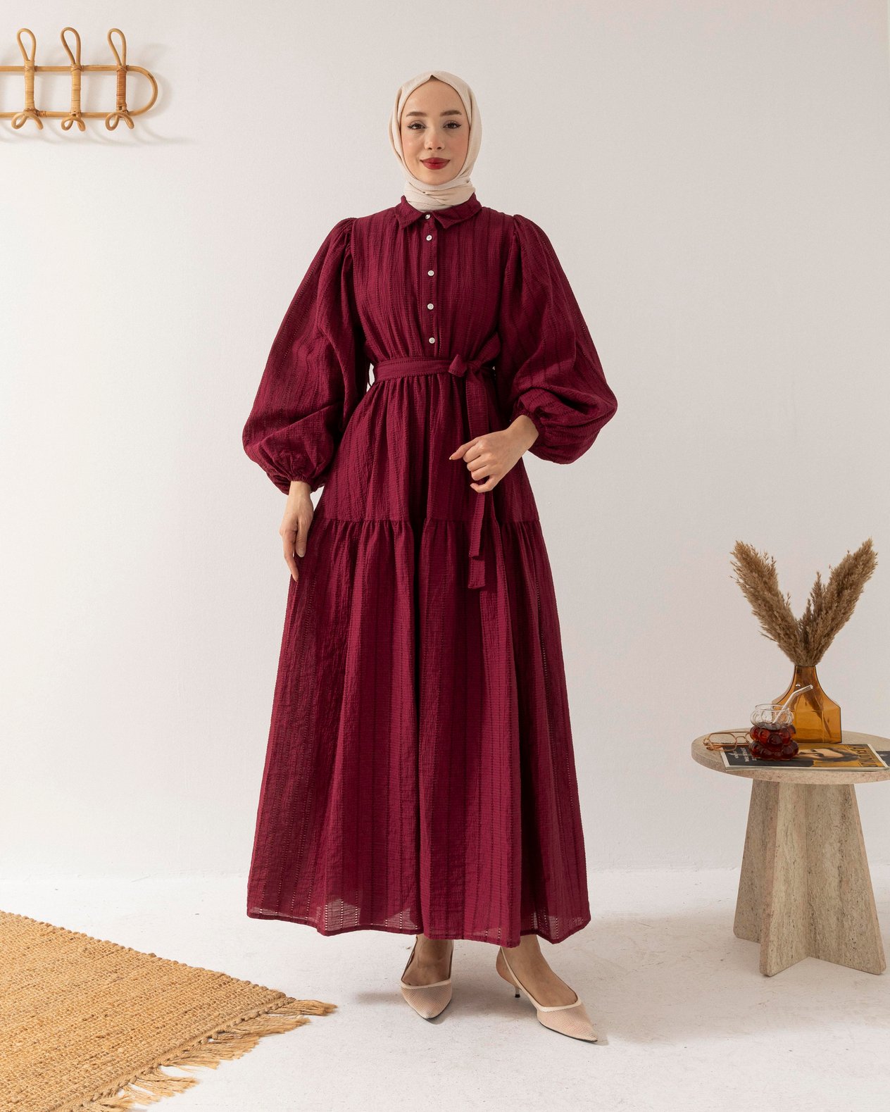 Yarım Düğmeli Bordo Elbise