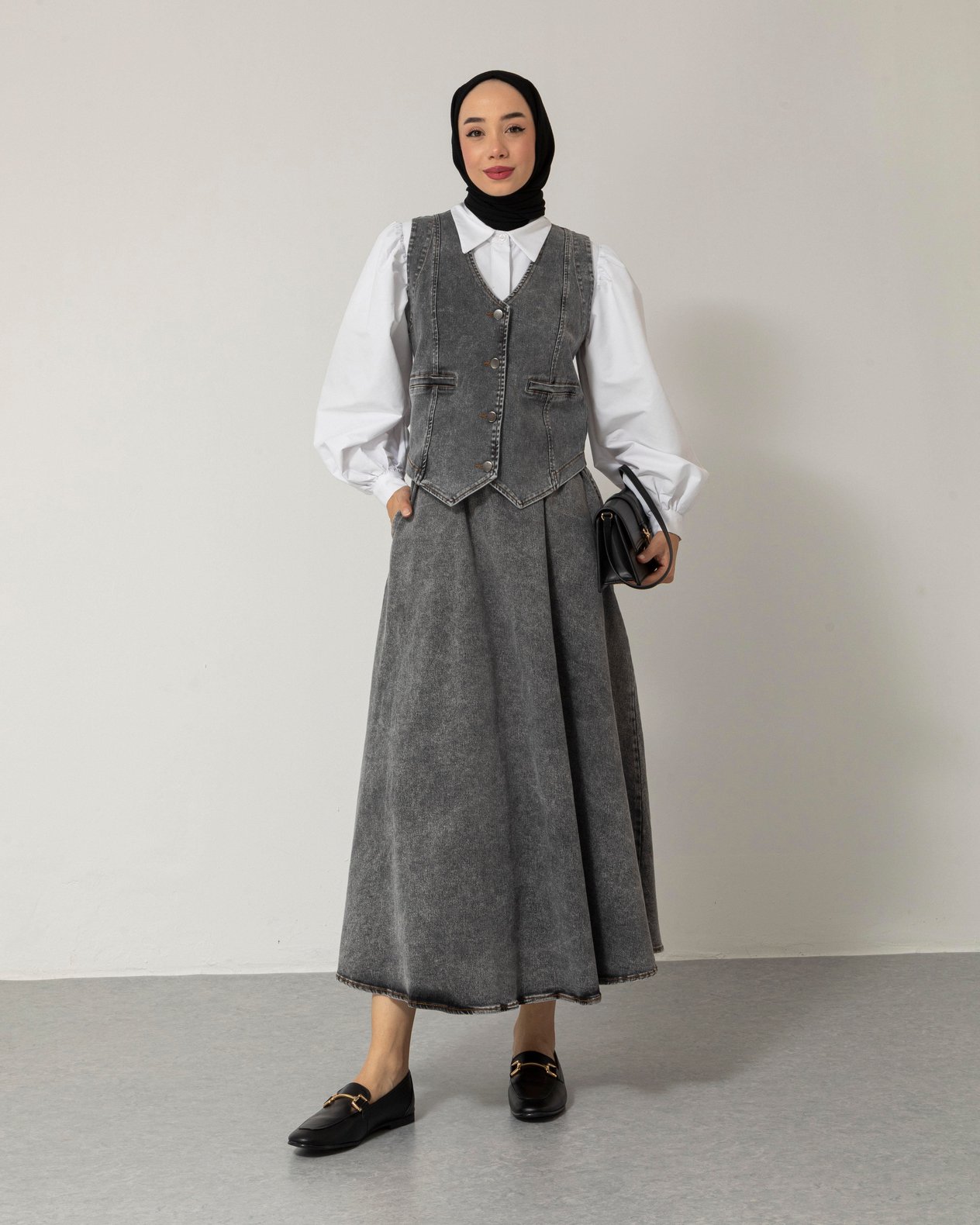 Yelek Etek Füme Denim Takım