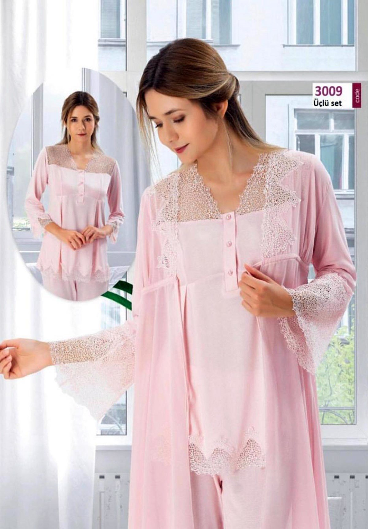 Duchesse 3009 Dantel Detaylı Sabahlıklı Lohusa Pijama Takımı