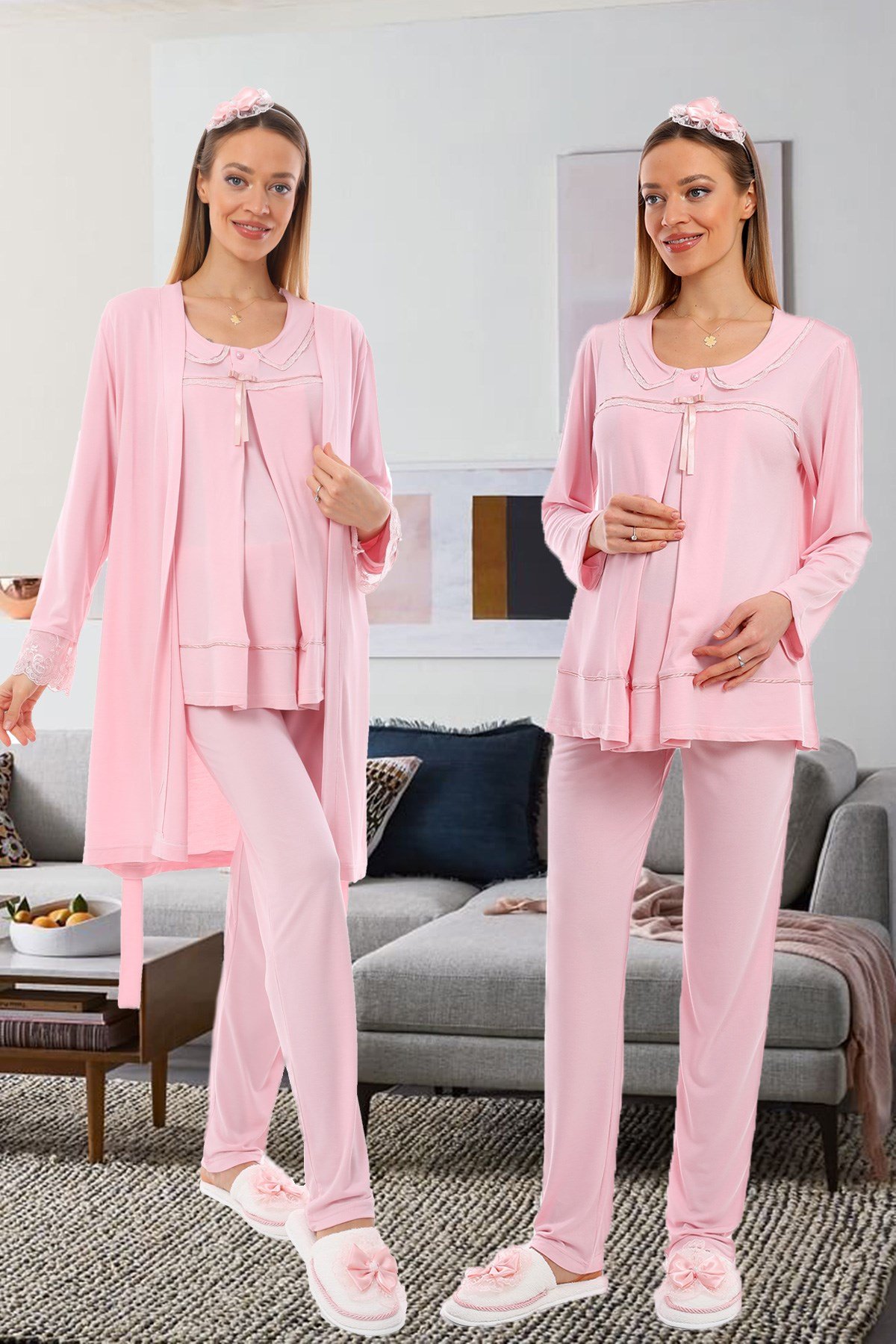 Lohusa Hamile 1084 Yaka Detaylı Gizli Emzirme Özellikli Sabahlıklı Lohusa Pijama Takımı