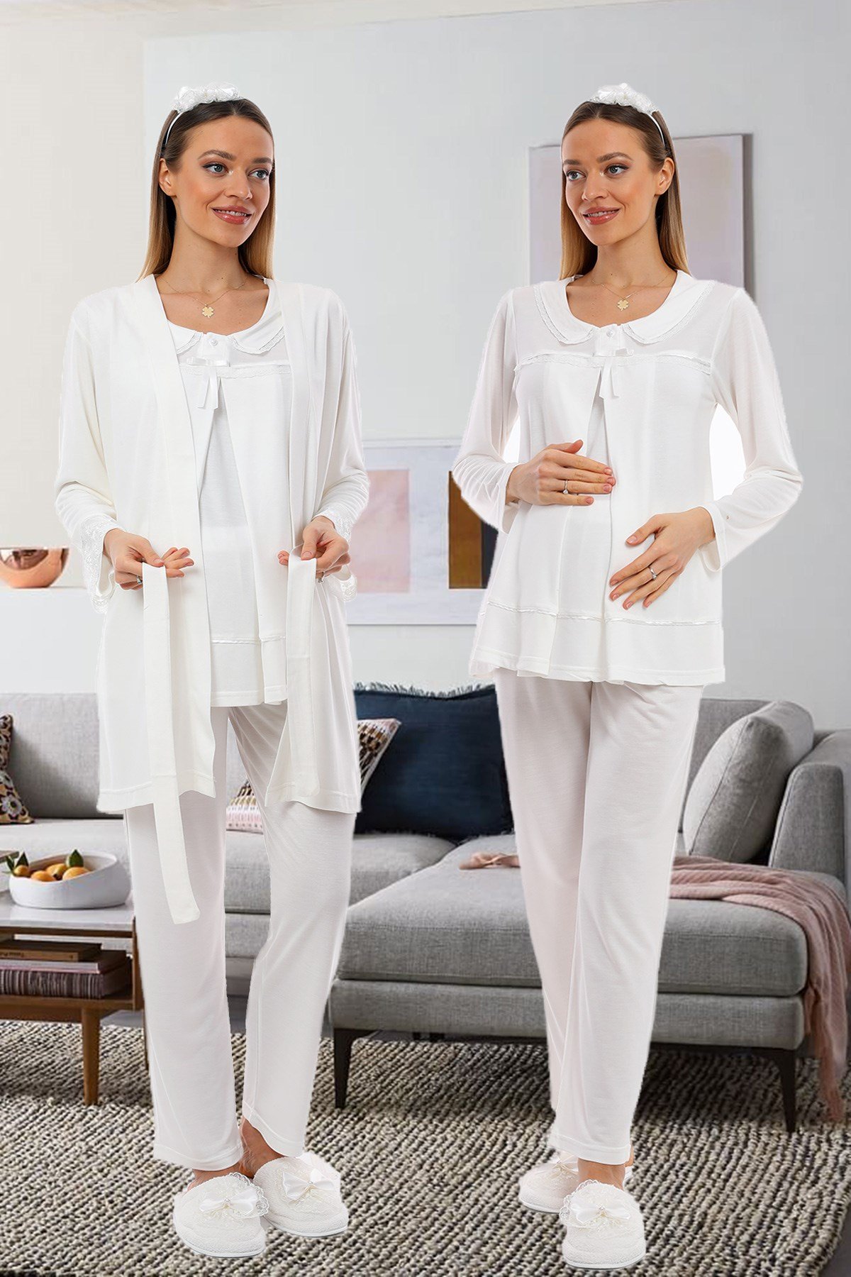 Lohusa Hamile 1084 Yaka Detaylı Gizli Emzirme Özellikli Sabahlıklı Lohusa Pijama Takımı