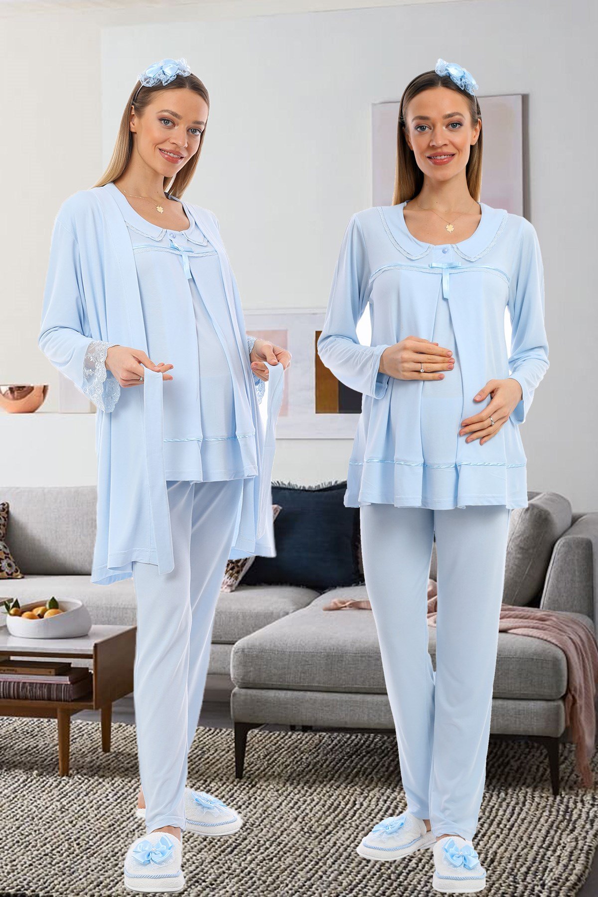 Lohusa Hamile 1084 Yaka Detaylı Gizli Emzirme Özellikli Sabahlıklı Lohusa Pijama Takımı