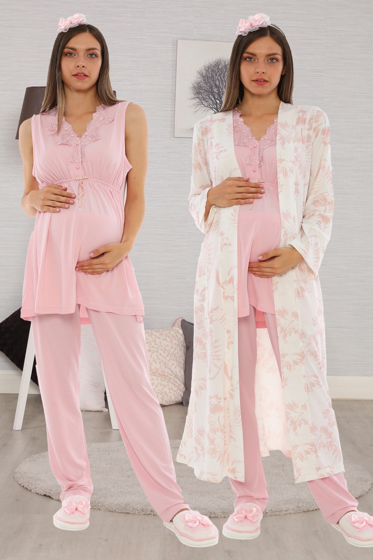 Lohusa Hamile 18034 Pembe Sabahlıklı Lohusa Pijama Takımı