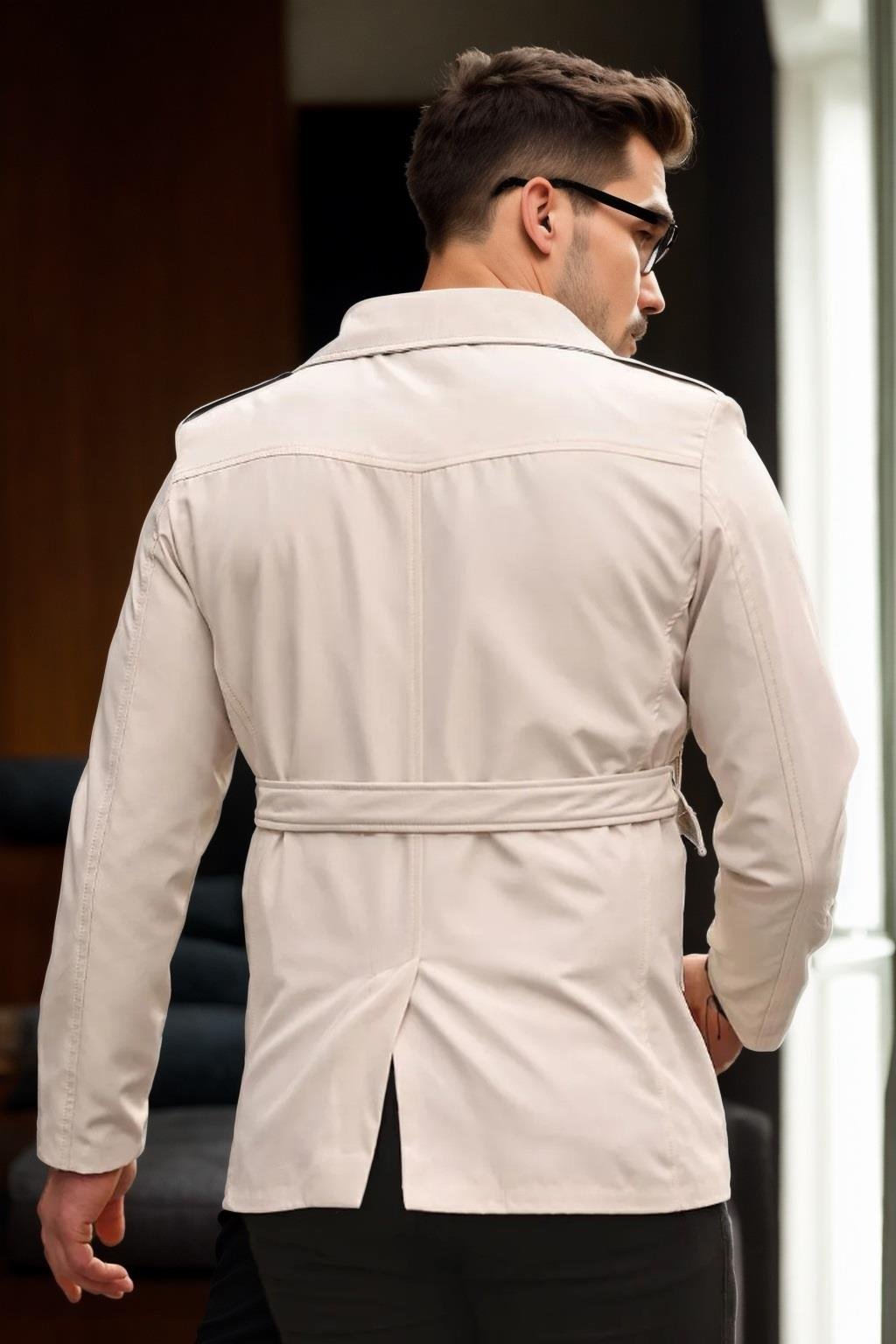 23058 Dewberry Lined Belted Double Breasted Mens Trenchcoat-KREM