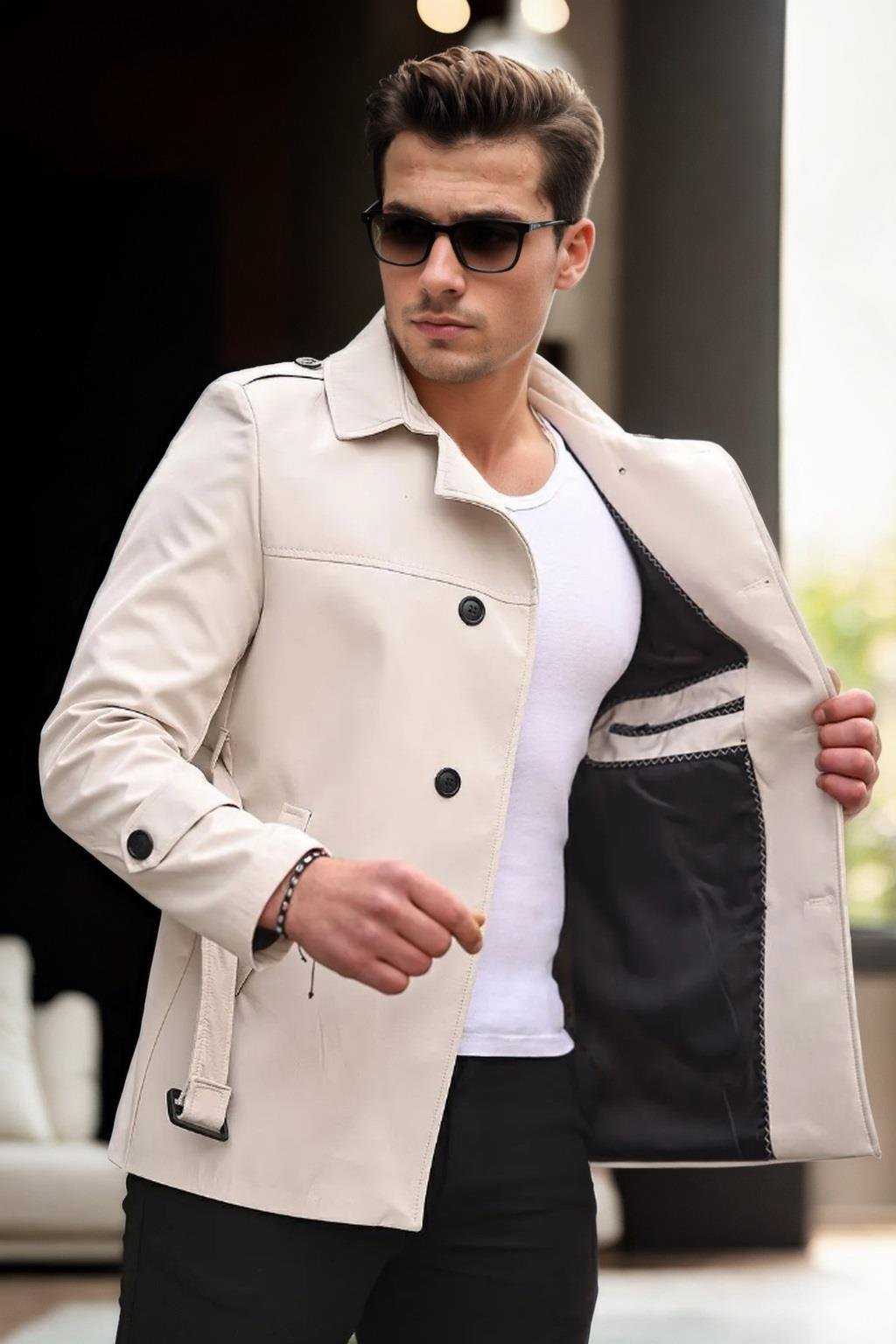 23058 Dewberry Lined Belted Double Breasted Mens Trenchcoat-KREM