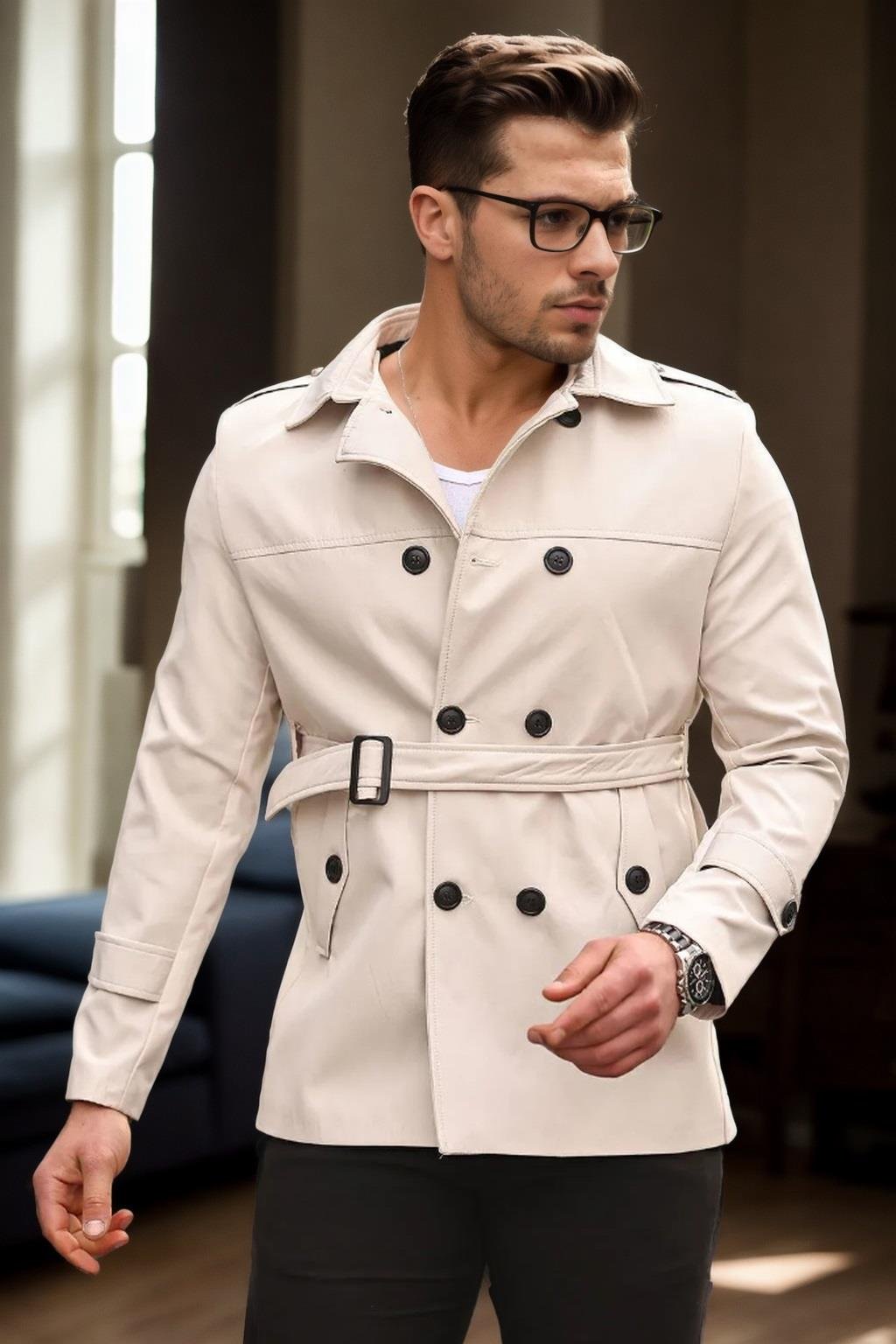 23058 Dewberry Lined Belted Double Breasted Mens Trenchcoat-KREM