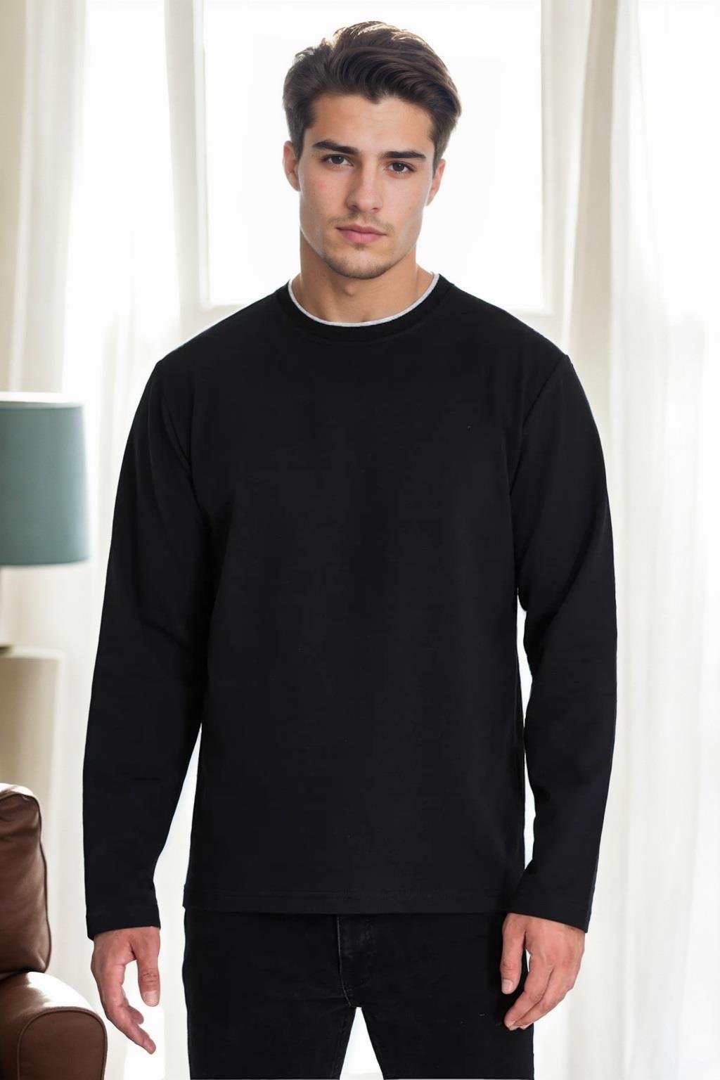 40222 Dewberry Double Crew Neck Mens Sweatshirt-SİYAH