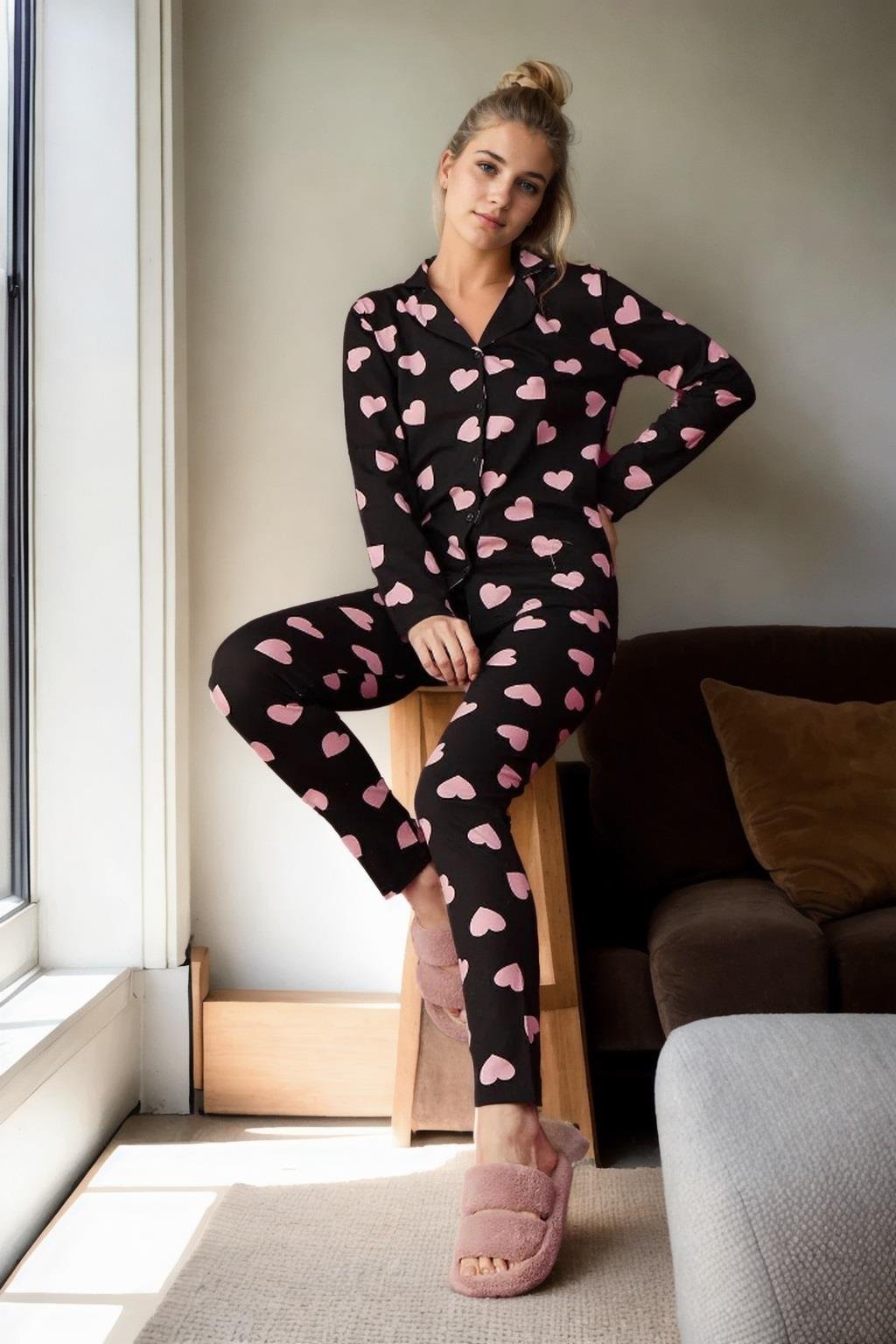 43103 Dewberry Buttoned Women Pyjama Set-SİYAH
