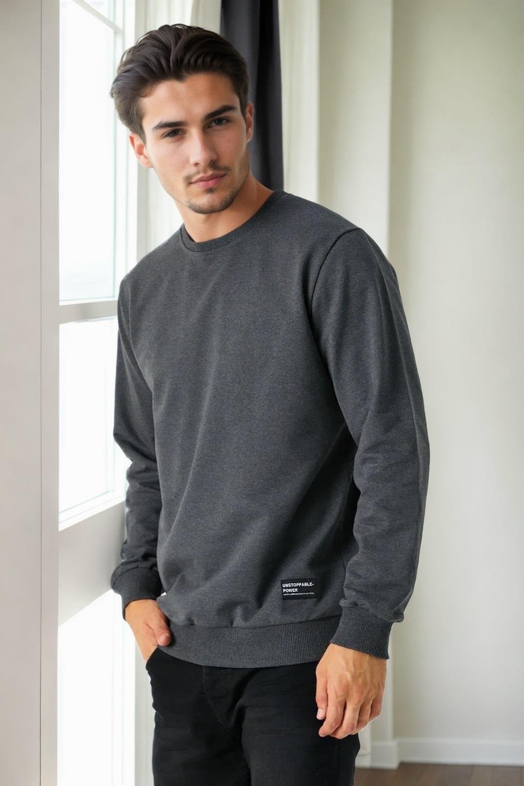 64602 Dewberry Basic Crew Neck Mens Sweatshirt-ANTRASİT