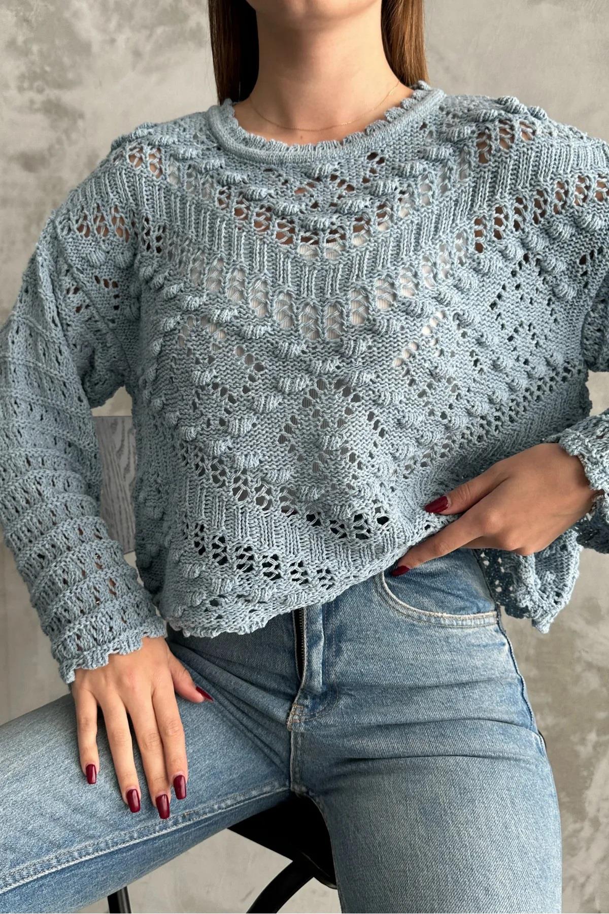 69491 Dewberry Patterned Openwork Knitwear Womens Sweater-BEBE MAVİ