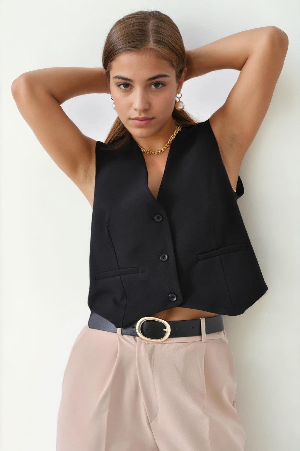 84295 Dewberry Womens Lined Waistcoat with 3-Button Closure-SİYAH