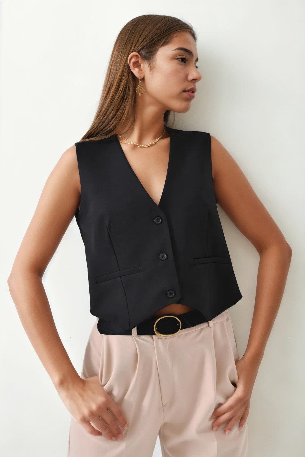 84295 Dewberry Womens Lined Waistcoat with 3-Button Closure-SİYAH