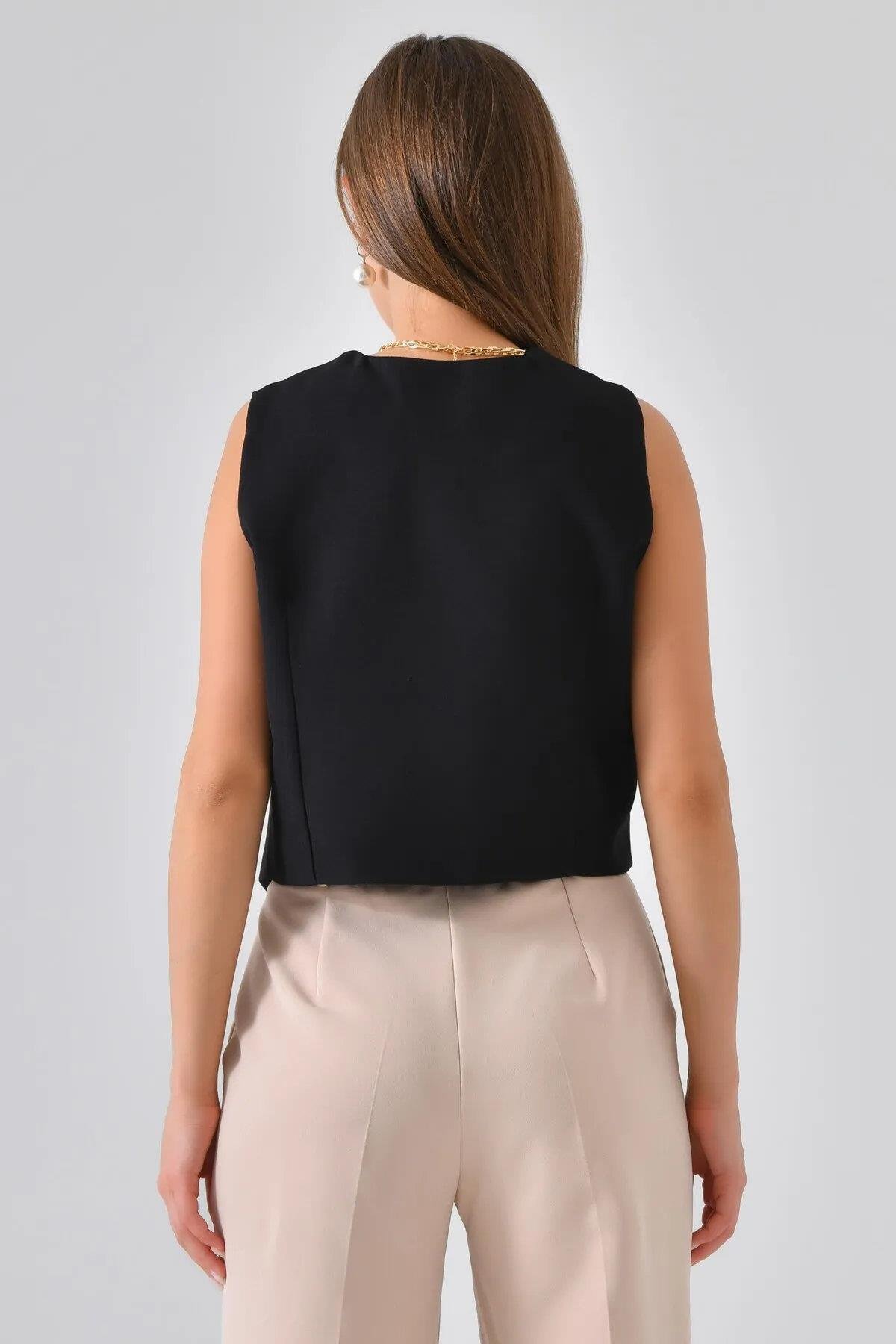84295 Dewberry Womens Lined Waistcoat with 3-Button Closure-SİYAH