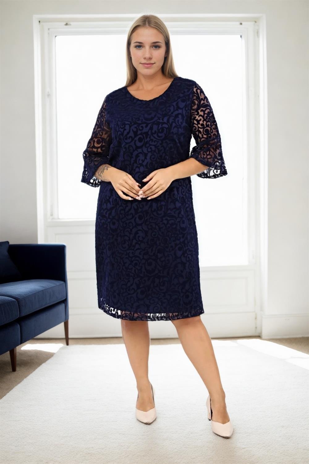 E2654 Dewberry Spanish Sleeve Plus Size Evening Dress-LACİVERT