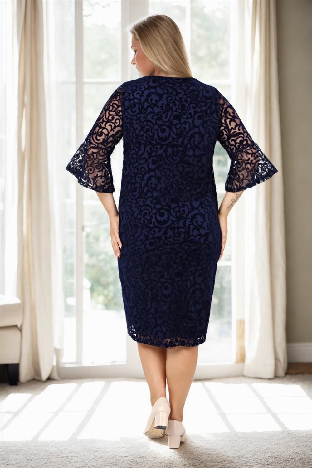 E2654 Dewberry Spanish Sleeve Plus Size Evening Dress-LACİVERT