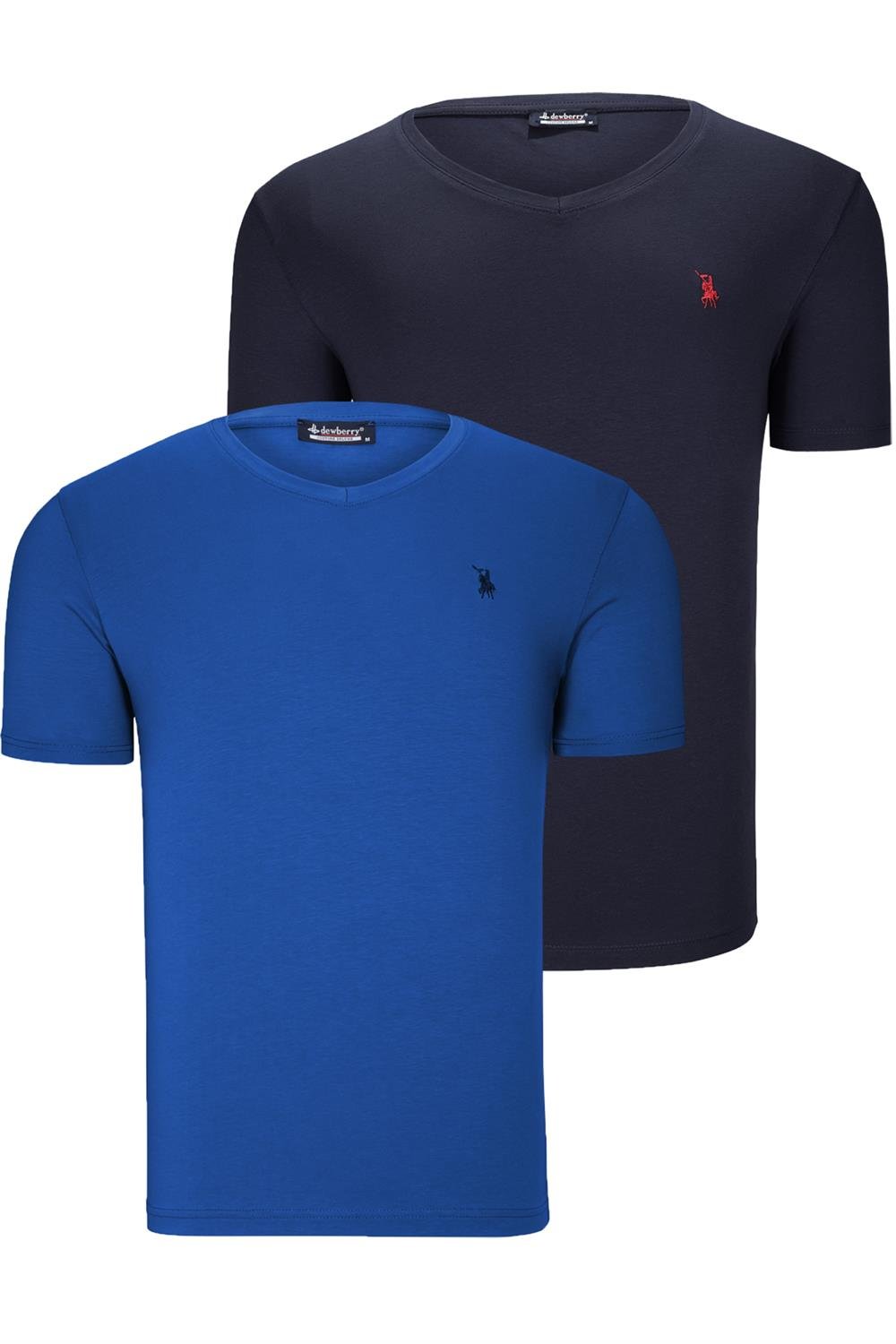 İKİLİ SET T8568 DEWBERRY V YAKA ERKEK T-SHIRT-LACİVERT- SAX