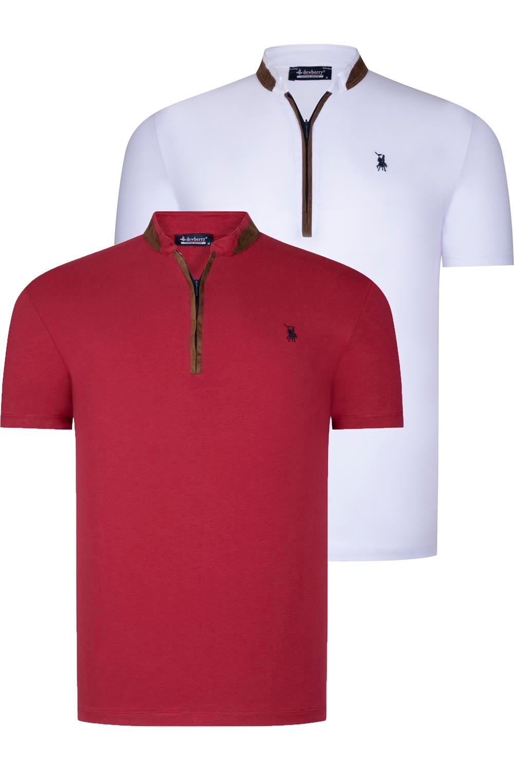 İKİLİ SET T8571 DEWBERRY FERMUARLI ERKEK T-SHIRT-BEYAZ-BORDO