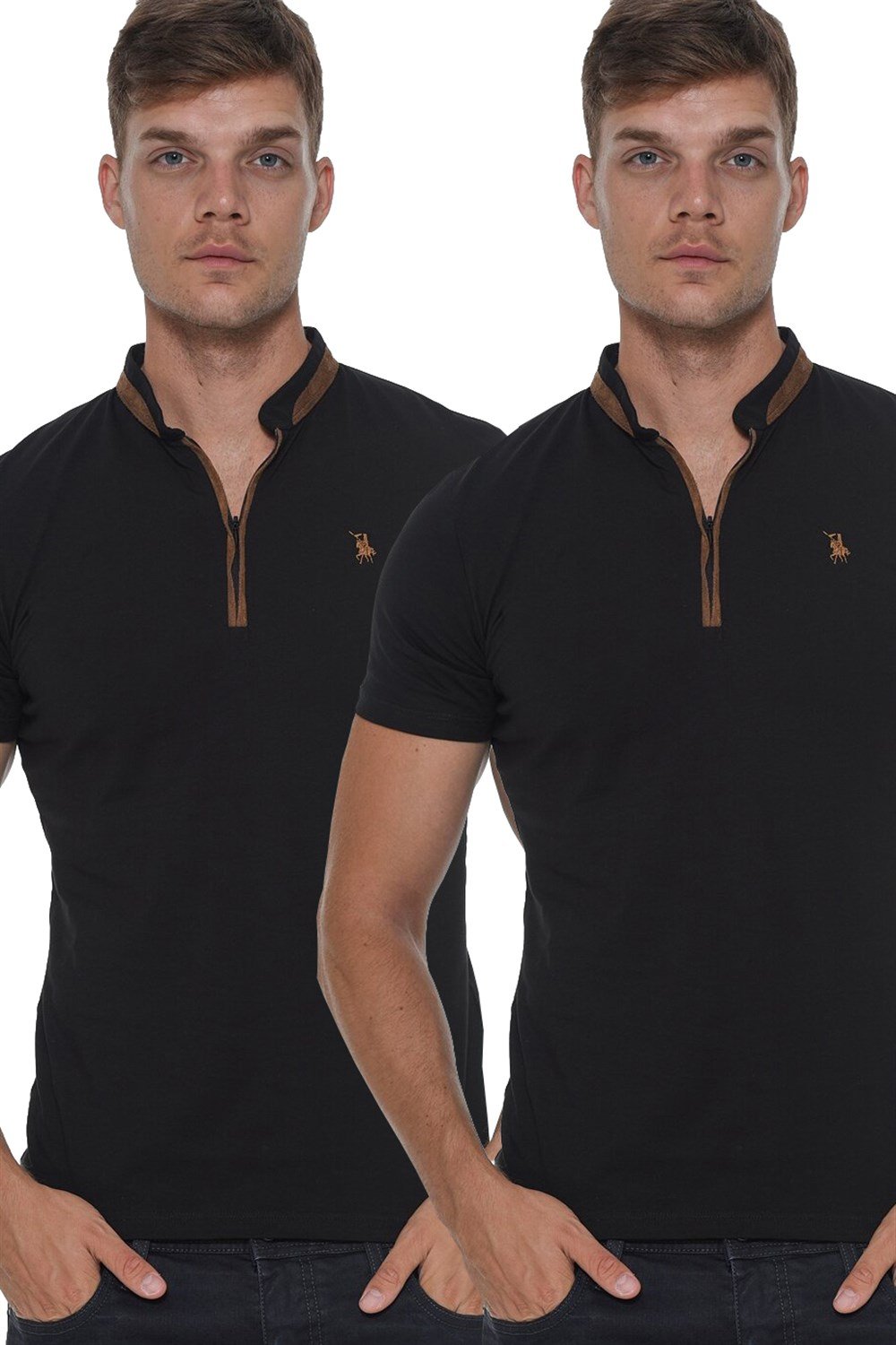 İKİLİ SET T8571 DEWBERRY FERMUARLI ERKEK T-SHIRT-SİYAH-SİYAH