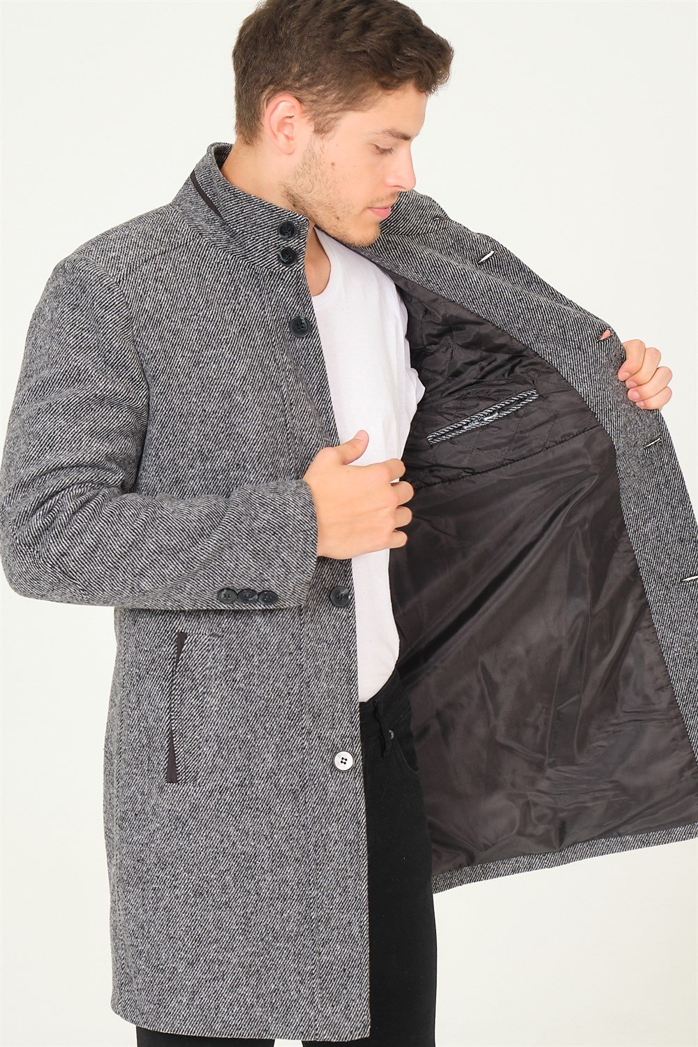PLT8386 DEWBERRY ERKEK PALTO-DİAGONAL SİYAH- GRİ