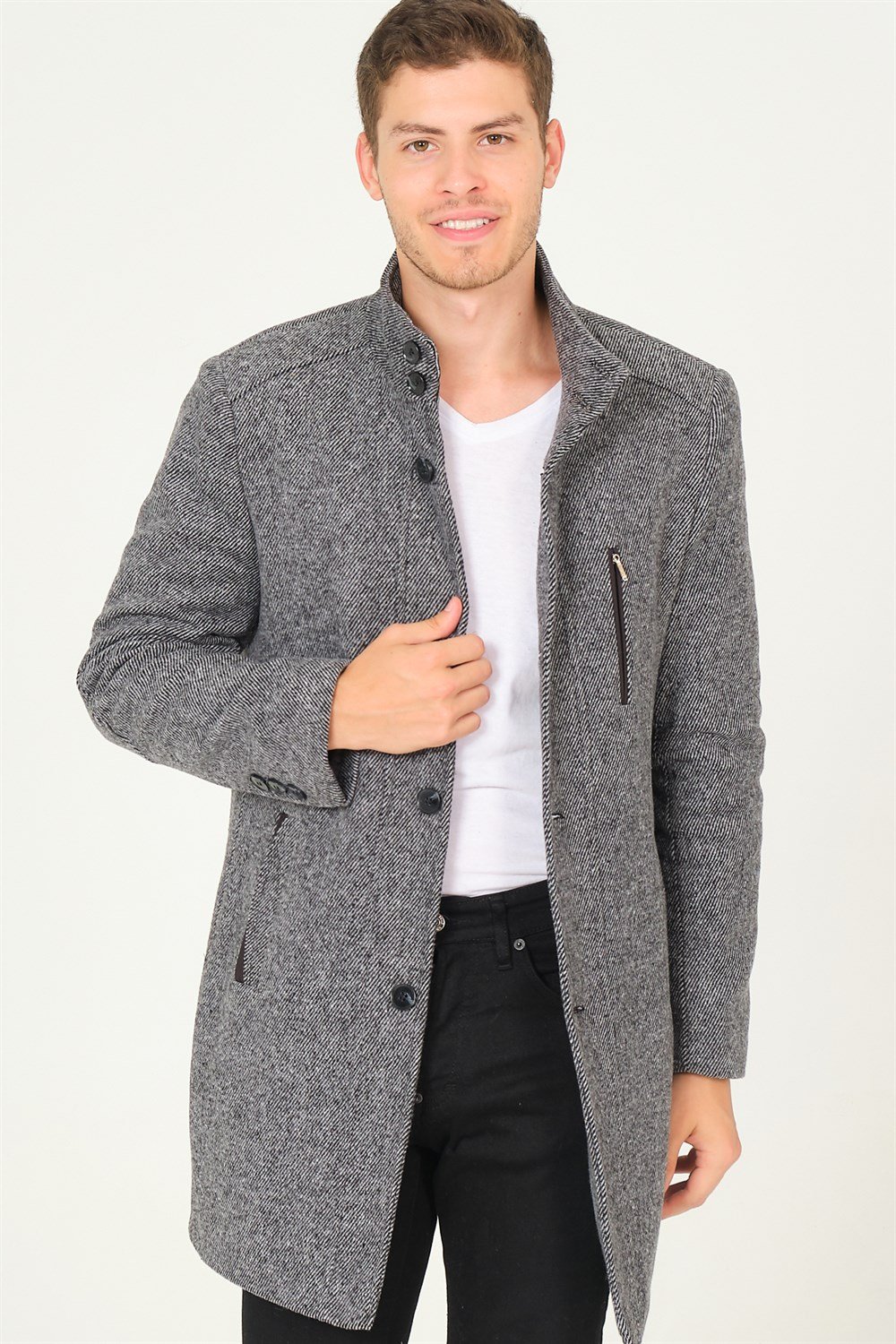 PLT8386 DEWBERRY ERKEK PALTO-DİAGONAL SİYAH- GRİ