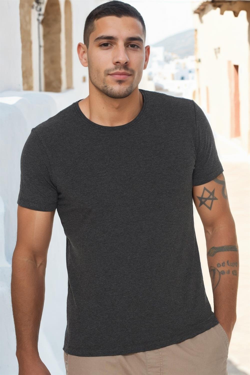 T8569 DEWBERRY BİSİKLET YAKA ERKEK T-SHIRT-ANTRASİT-2
