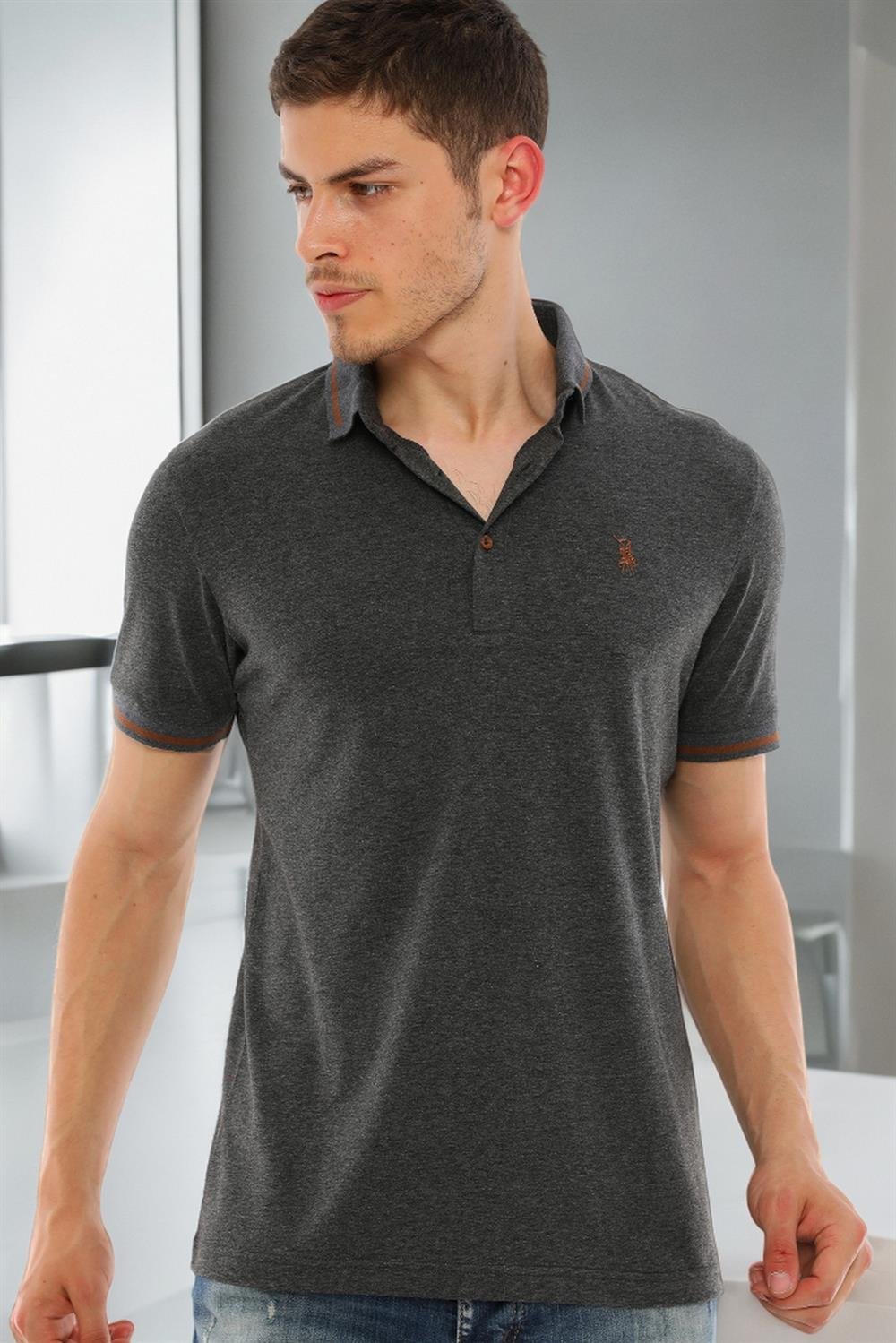 T8586 DEWBERRY ERKEK POLO YAKA T-SHIRT-AÇIK ANTRASİT
