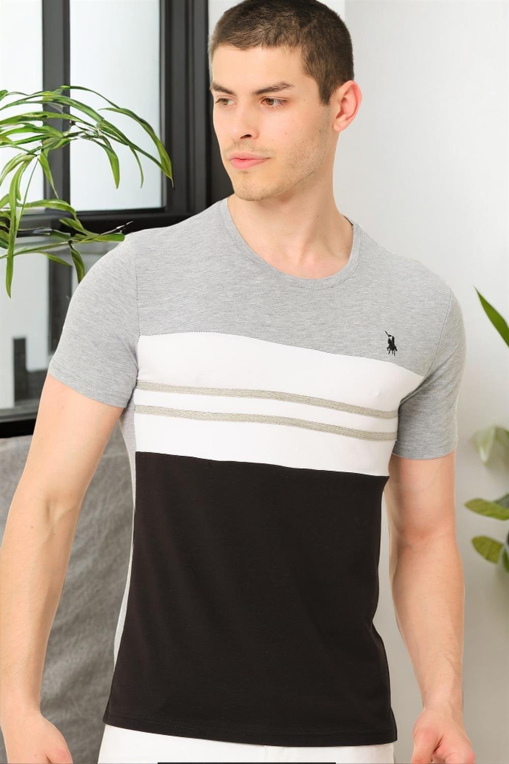T8593 DEWBERRY ERKEK T-SHIRT-DÜZ GRİ